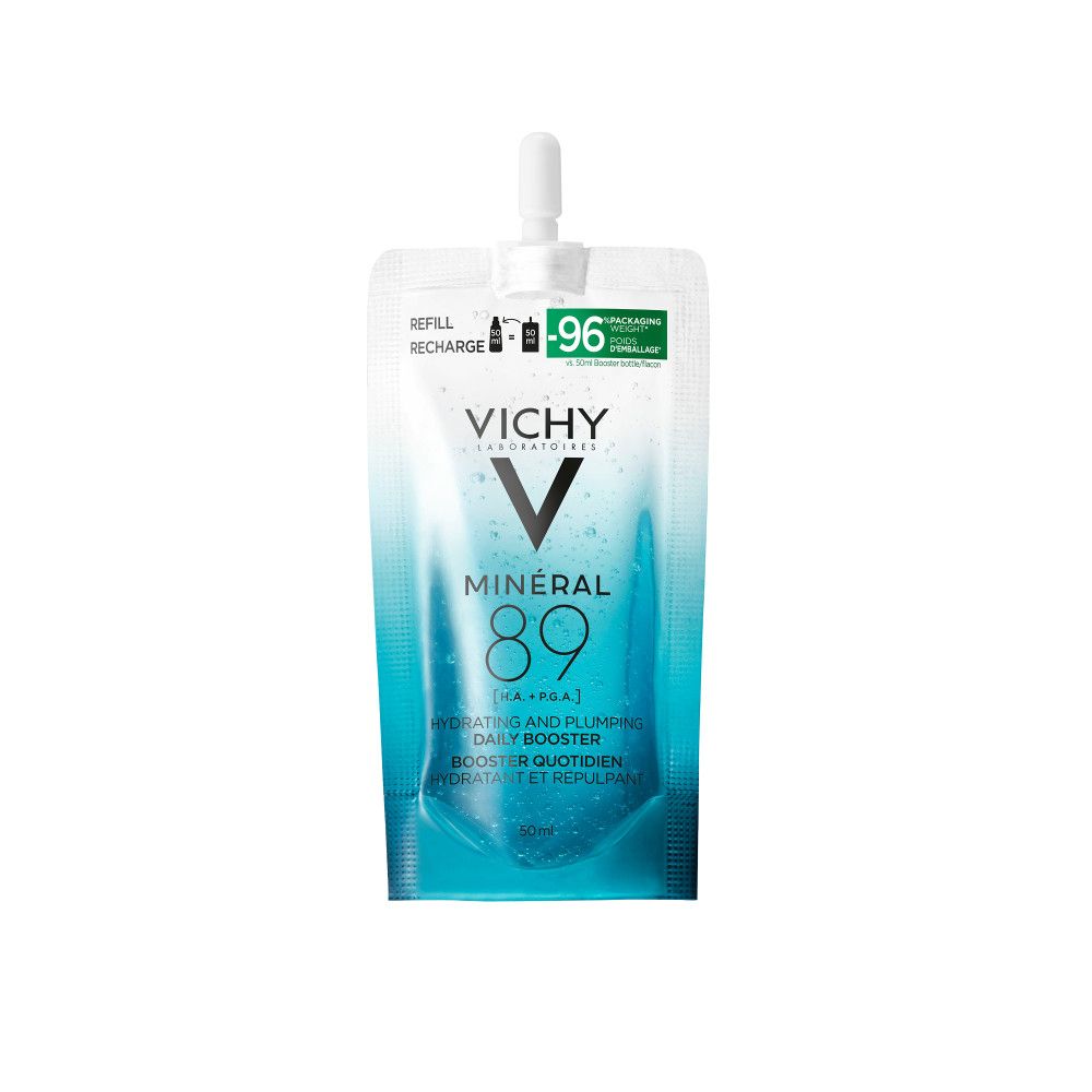 Recharge avec bouchon blanc. VICHY MINERAL 89, liquide bleu visible. Texte: Hydrating and Plumping Daily Booster.