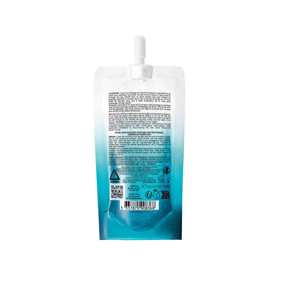 Dos de la recharge avec bouchon blanc. Texte et symboles. Code QR et code-barres visibles.