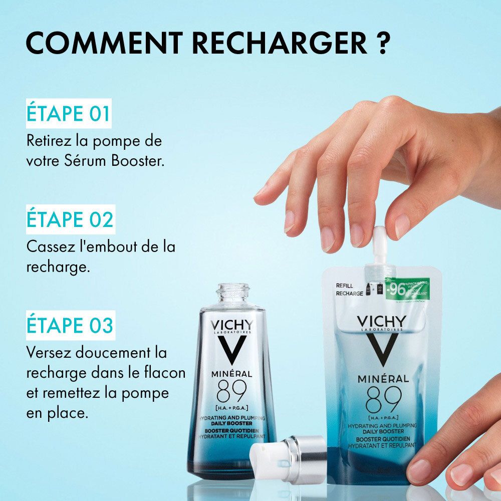 Instructions pour recharger un sérum Vichy Mineral 89 en trois étapes.