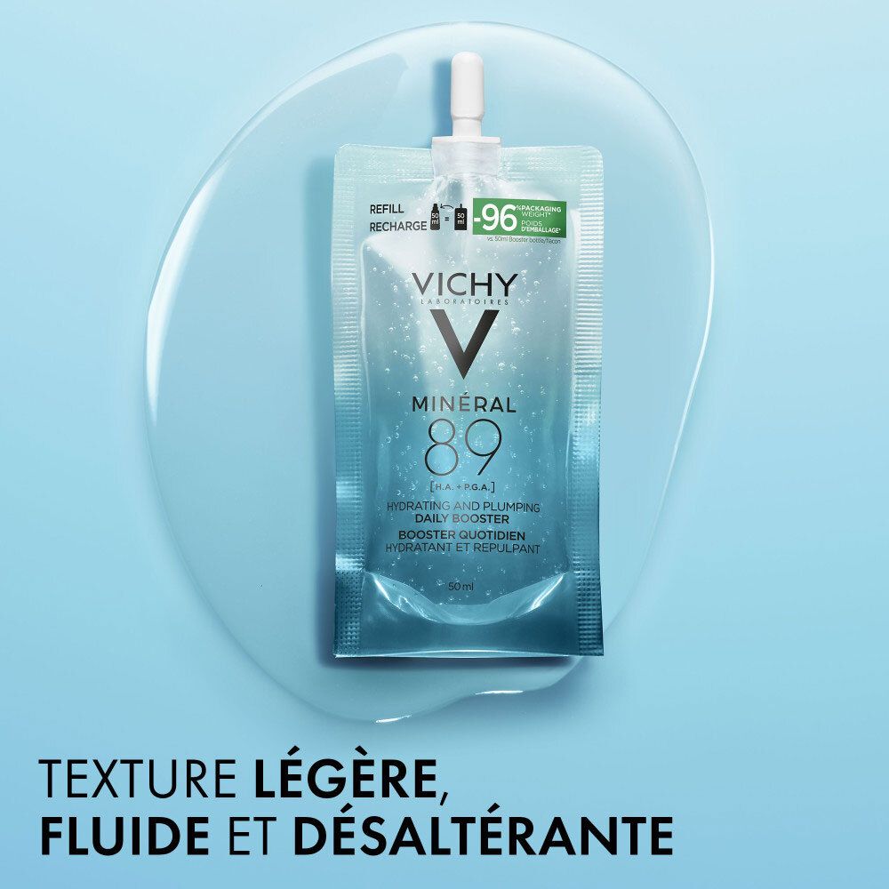 Pochette recharge Vichy Mineral 89 avec acide hyaluronique, 96% d'ingrédients d'origine naturelle.