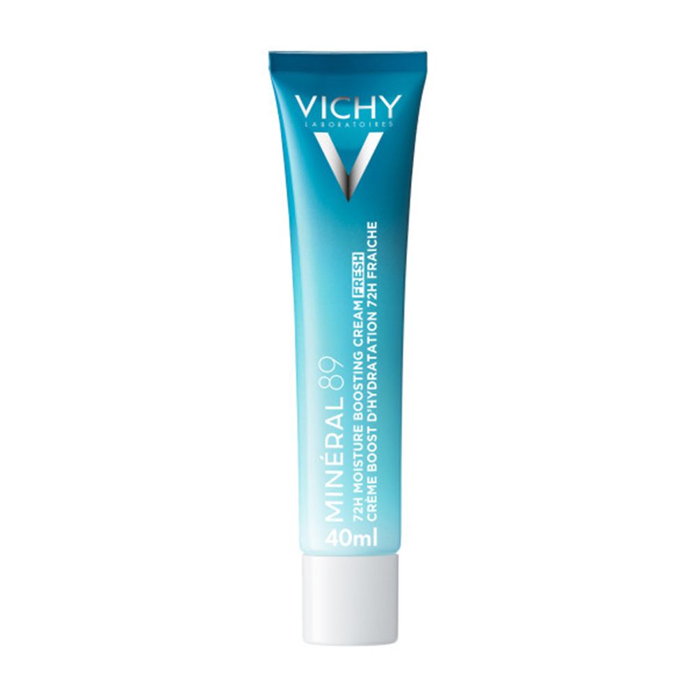 Tube de crème de jour légère Vichy Mineral 89, bouchon blanc. 40ml. Design bleu sarcelle.
