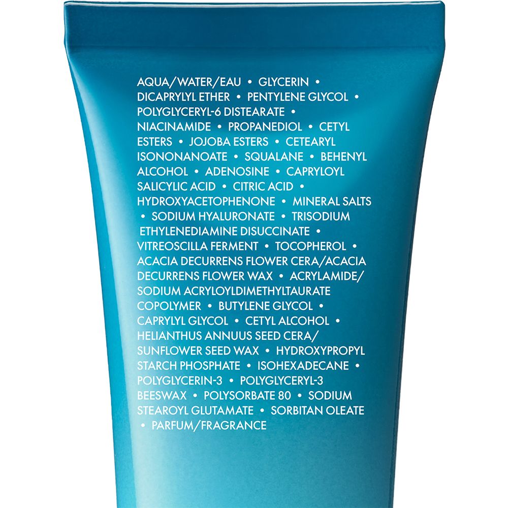 Liste des ingrédients au dos du tube de crème Vichy Mineral 89. Aqua, Glycérine, Niacinamide.
