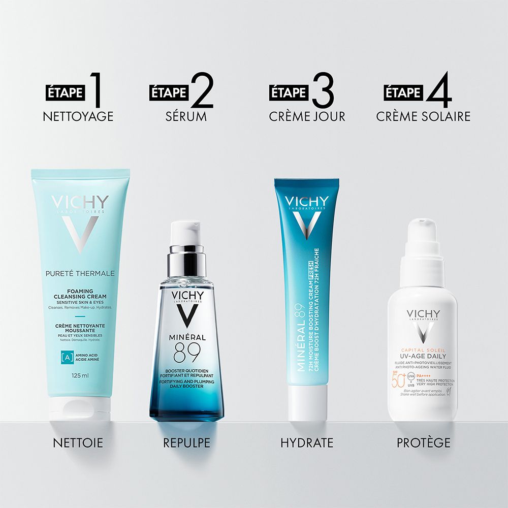 Quatre produits Vichy : Nettoyant, Sérum, Crème Jour Mineral 89, Crème Solaire. Étapes 1-4.