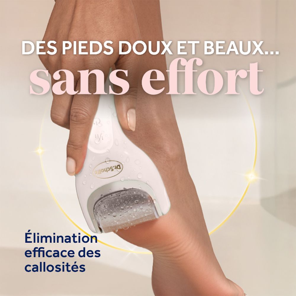 Gros plan de la râpe électrique en cours d'utilisation. Texte : 'sans effort' et 'Élimination efficace des callosités'.