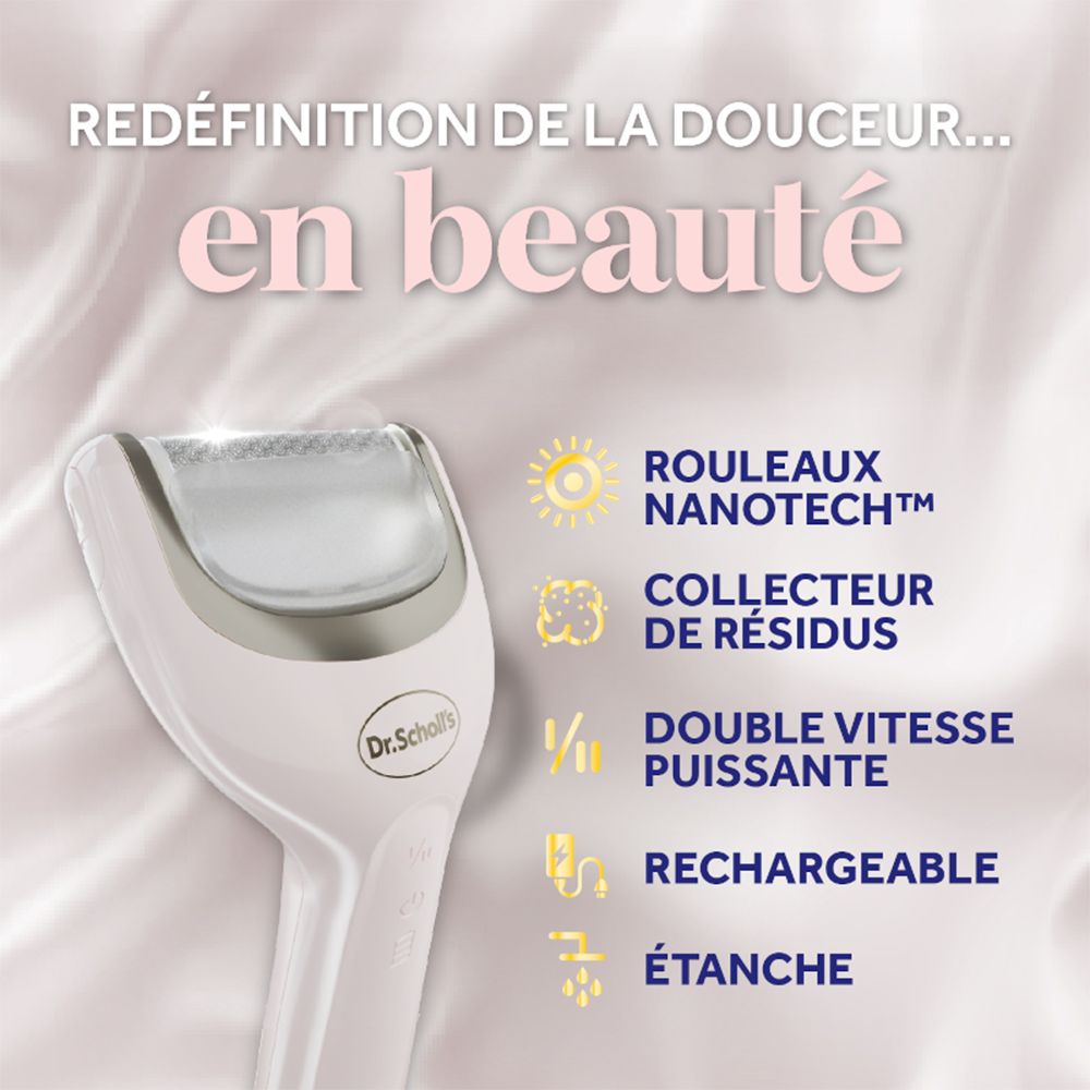 Gros plan de la râpe électrique. Texte : 'en beauté', 'ROULEAUX NANOTECH', 'COLLECTEUR DE RÉSIDUS'.