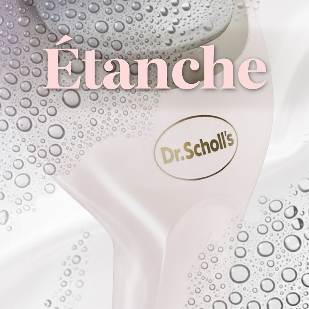 Gros plan de la râpe électrique. Texte : 'Étanche' et logo Dr. Scholl's.