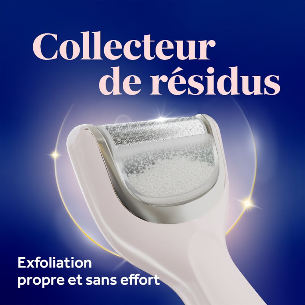 Gros plan de la râpe électrique. Texte : 'COLLECTEUR DE RÉSIDUS' et 'Exfoliation propre et sans effort'.