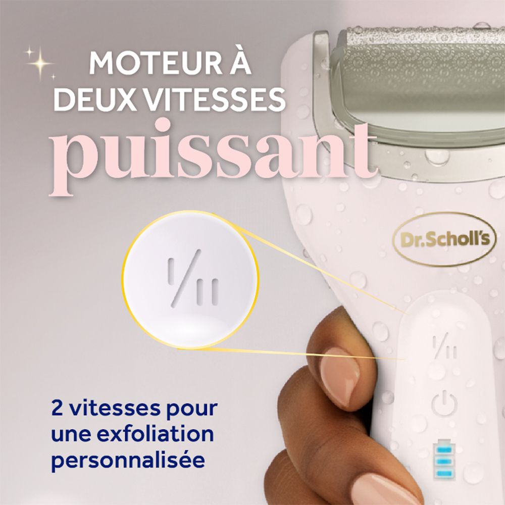 Gros plan de la râpe électrique. Texte : 'MOTEUR À DEUX VITESSES' et '2 vitesses'.