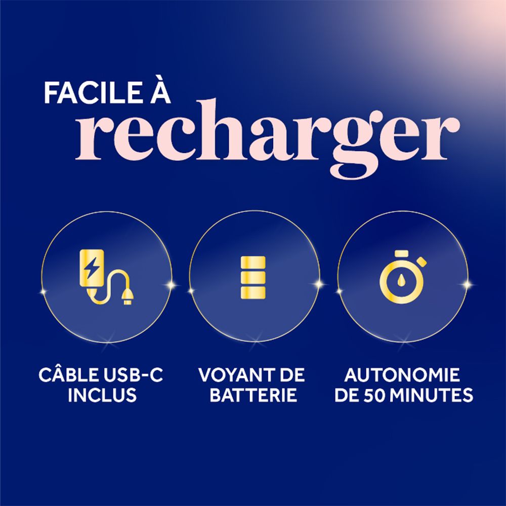 Illustration des options de charge. Texte : 'CÂBLE USB-C INCLUS', 'VOYANT DE BATTERIE', 'AUTONOMIE DE 50 MINUTES'.