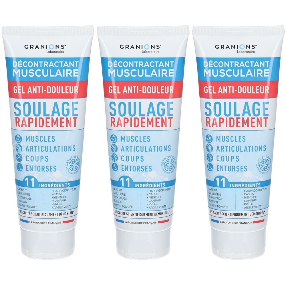 Trois tubes de gel GRANIONS® Décontractant Musculaire. Blanc, bleu et rouge. Texte: Décontractant Musculaire, Gel Anti-Douleur, Soulage Rapidement.