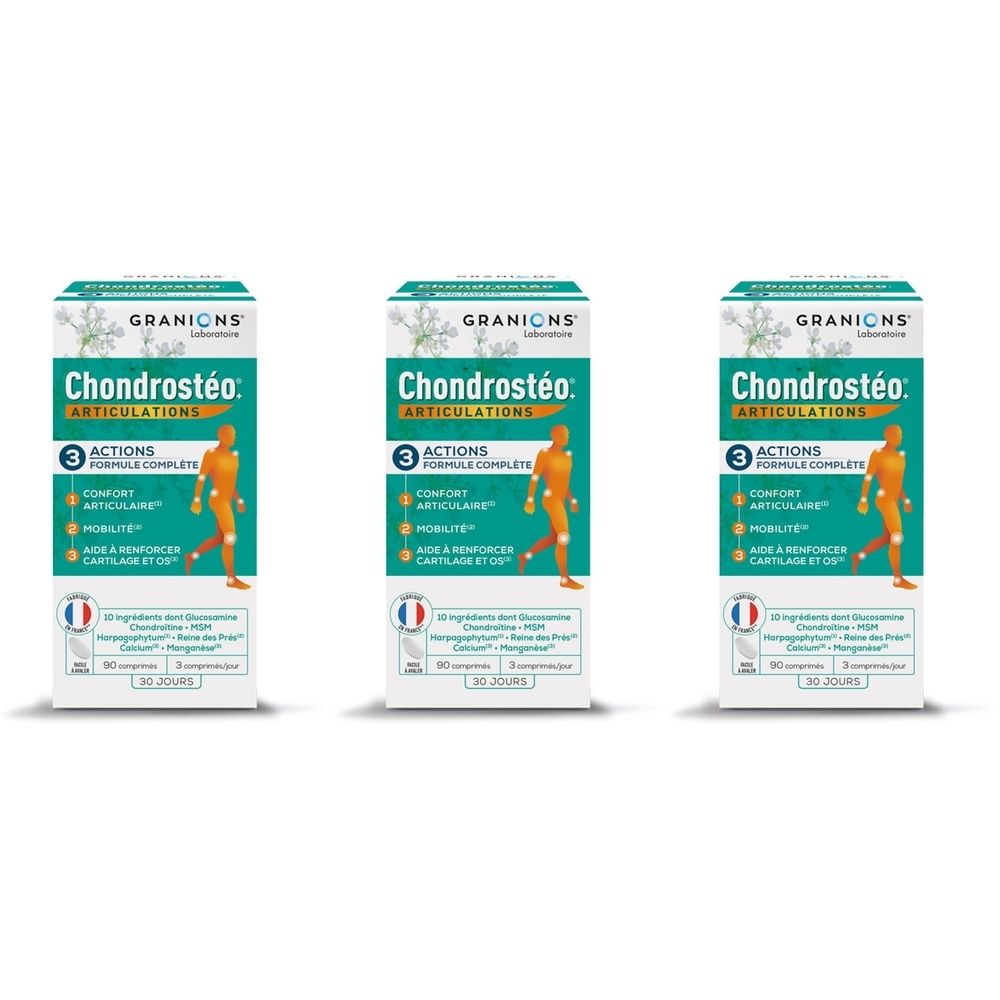 Trois boîtes de Chondrostéo Articulations. Chaque boîte affiche le logo Granions et des informations sur le produit.