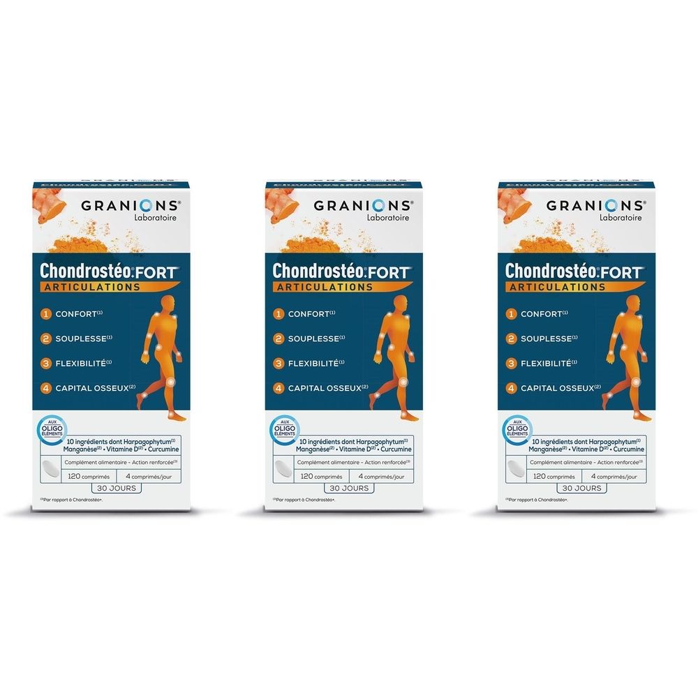 Trois boîtes de Chondrostéo FORT. Sur chaque boîte, le nom de la marque GRANIONS et le nom du produit. Inscriptions : Confort, Souplesse, Flexibilité.