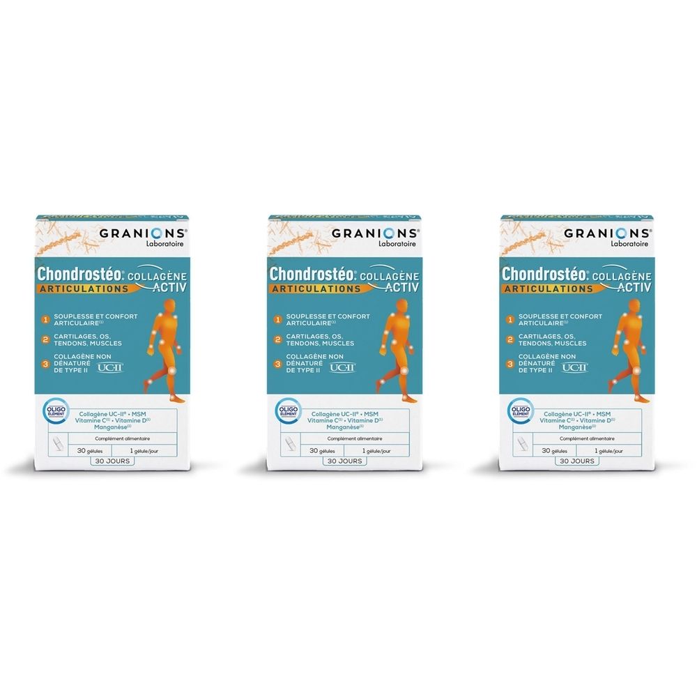 Trois boîtes de Chondrostéo Collagène Activ. Le nom de la marque Granions est visible sur chaque boîte.