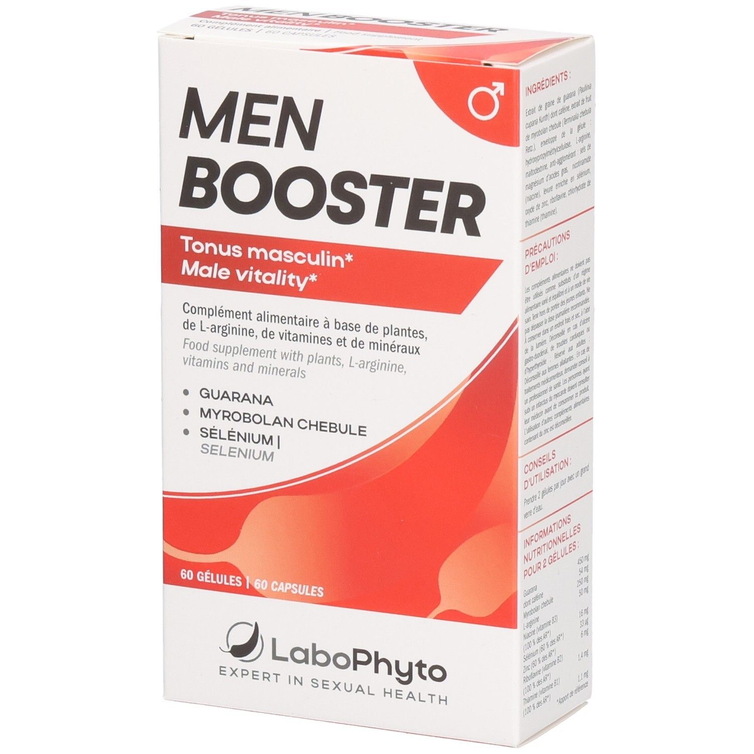 Boîte "MEN BOOSTER". Contient 60 gélules. Ingrédients : Guarana, Myrobolan chébule, Sélénium. Marque : Labophyto.