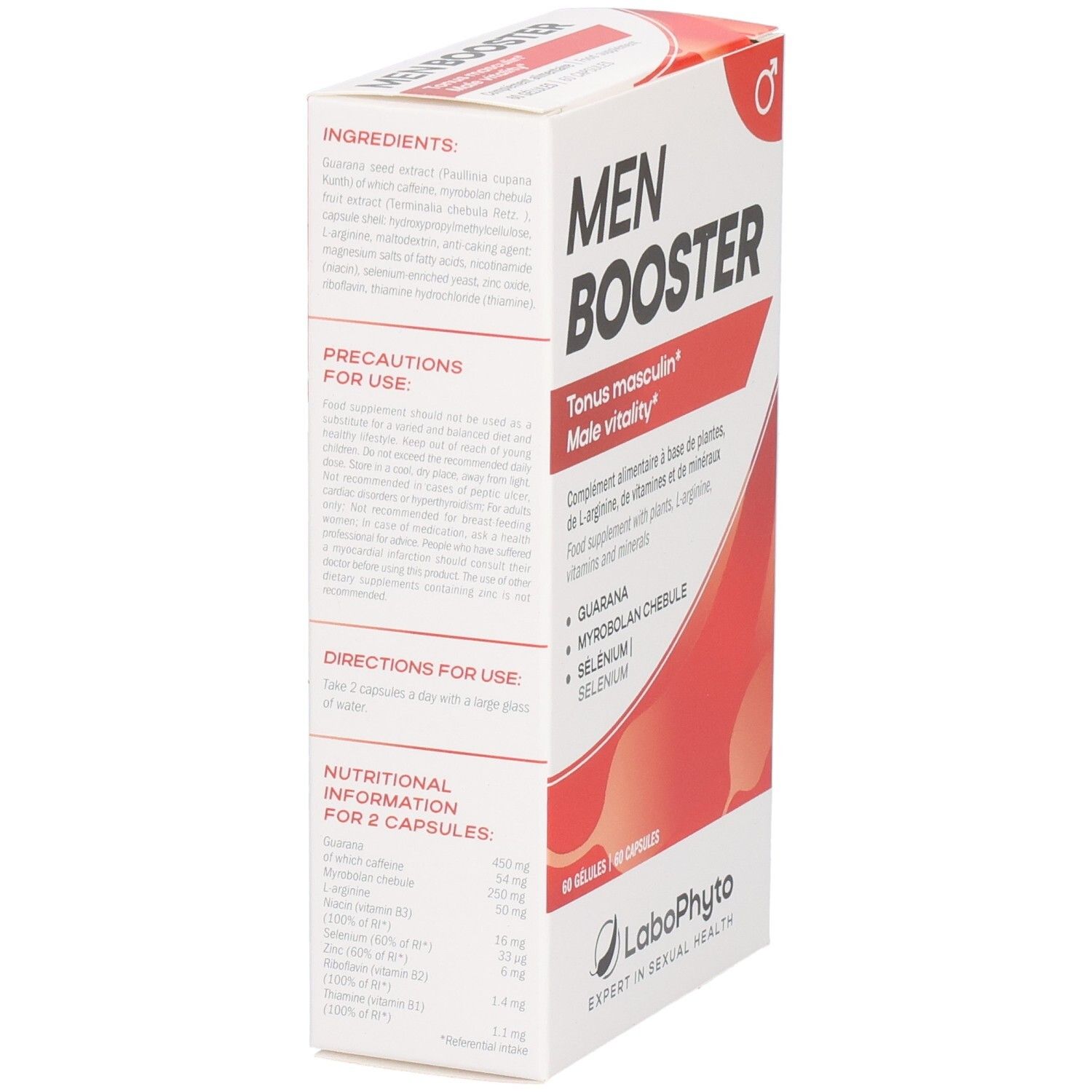 Boîte "MEN BOOSTER". Contient 60 gélules. Ingrédients et informations nutritionnelles. Marque : Labophyto. Vue latérale.