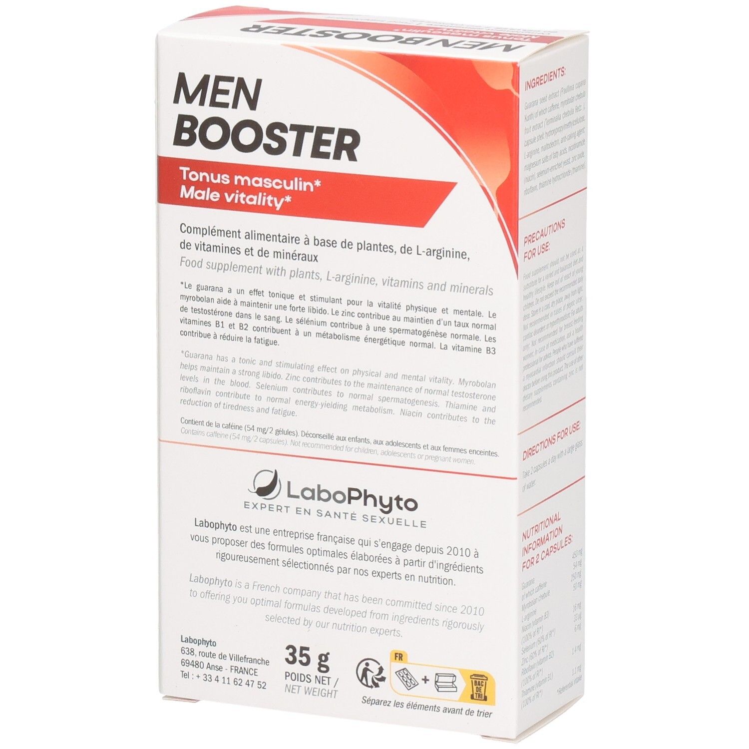 Boîte "MEN BOOSTER" de 35g. Marque : Labophyto. Texte sur ingrédients, précautions et informations nutritionnelles.