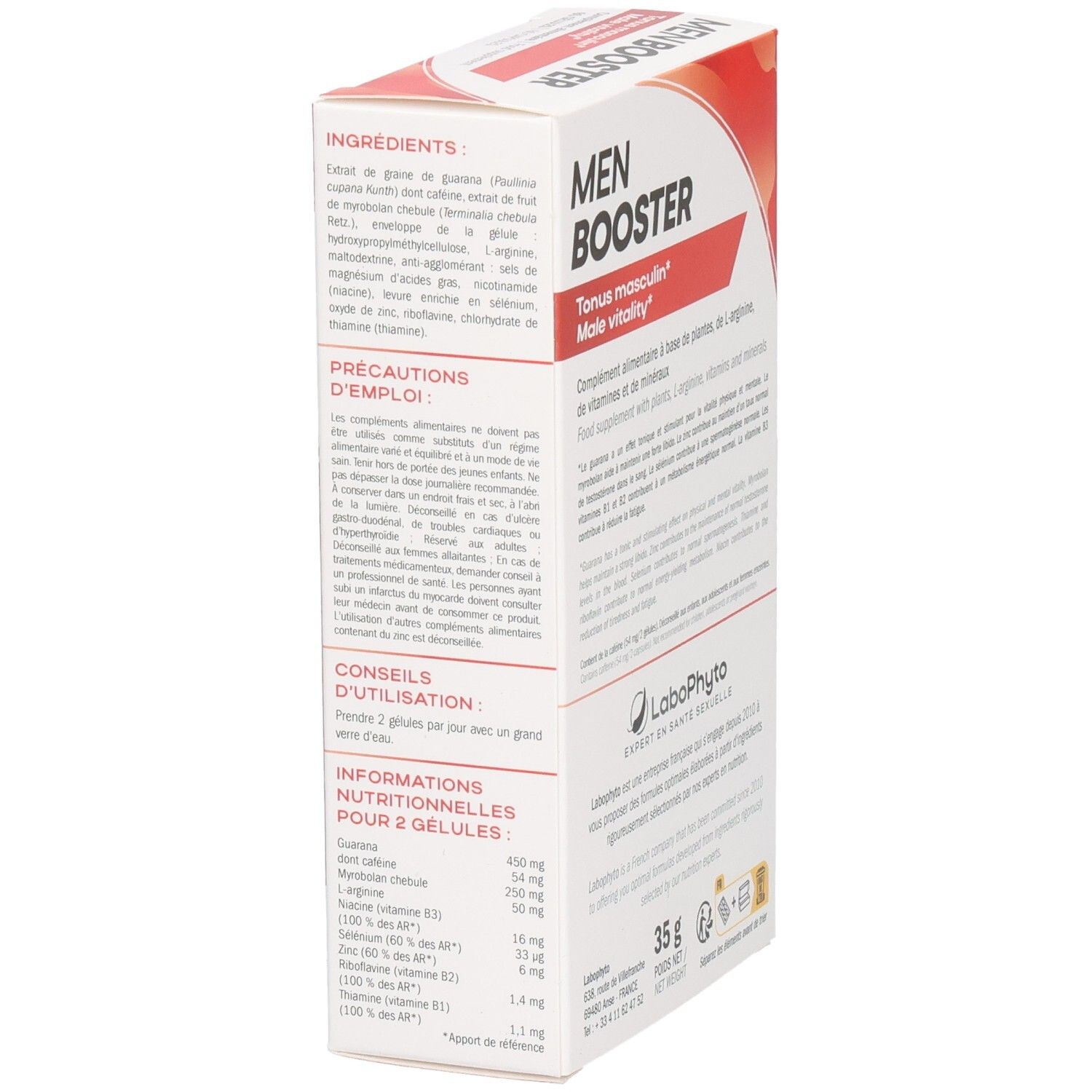 Boîte "MEN BOOSTER" de 35g. Ingrédients, conseils d'utilisation et informations nutritionnelles. Marque : Labophyto.