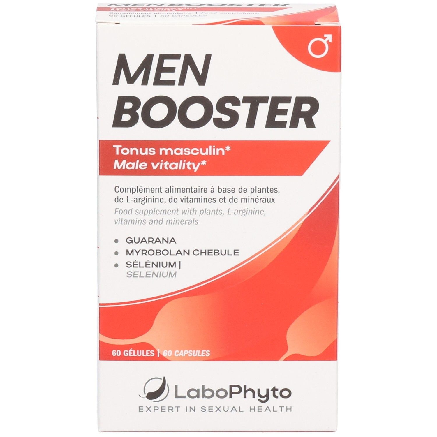 Boîte "MEN BOOSTER". Contient 60 gélules. Ingrédients : Guarana, Myrobolan chébule, Sélénium. Marque : Labophyto.