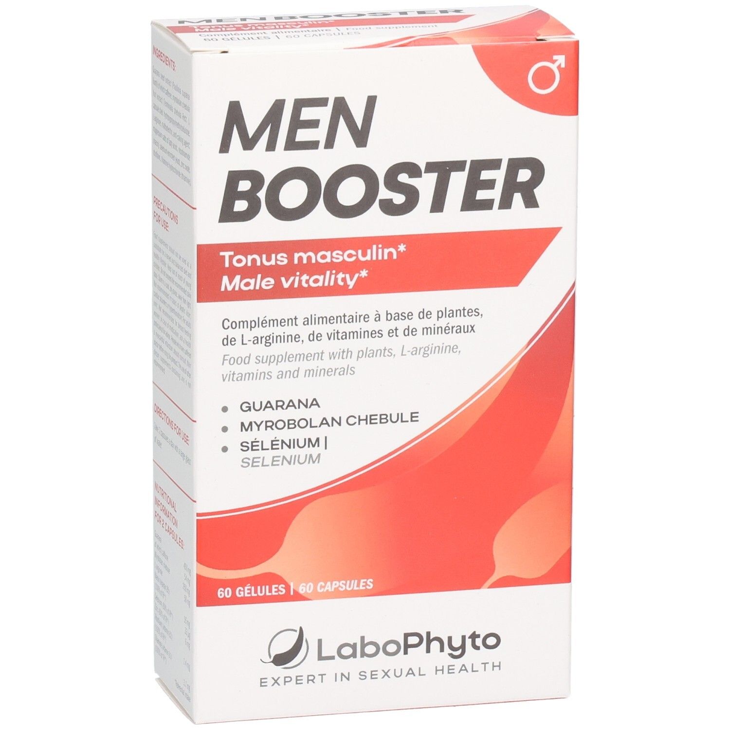 Boîte "MEN BOOSTER". Contient 60 gélules. Ingrédients : Guarana, Myrobolan chébule, Sélénium. Marque : Labophyto.