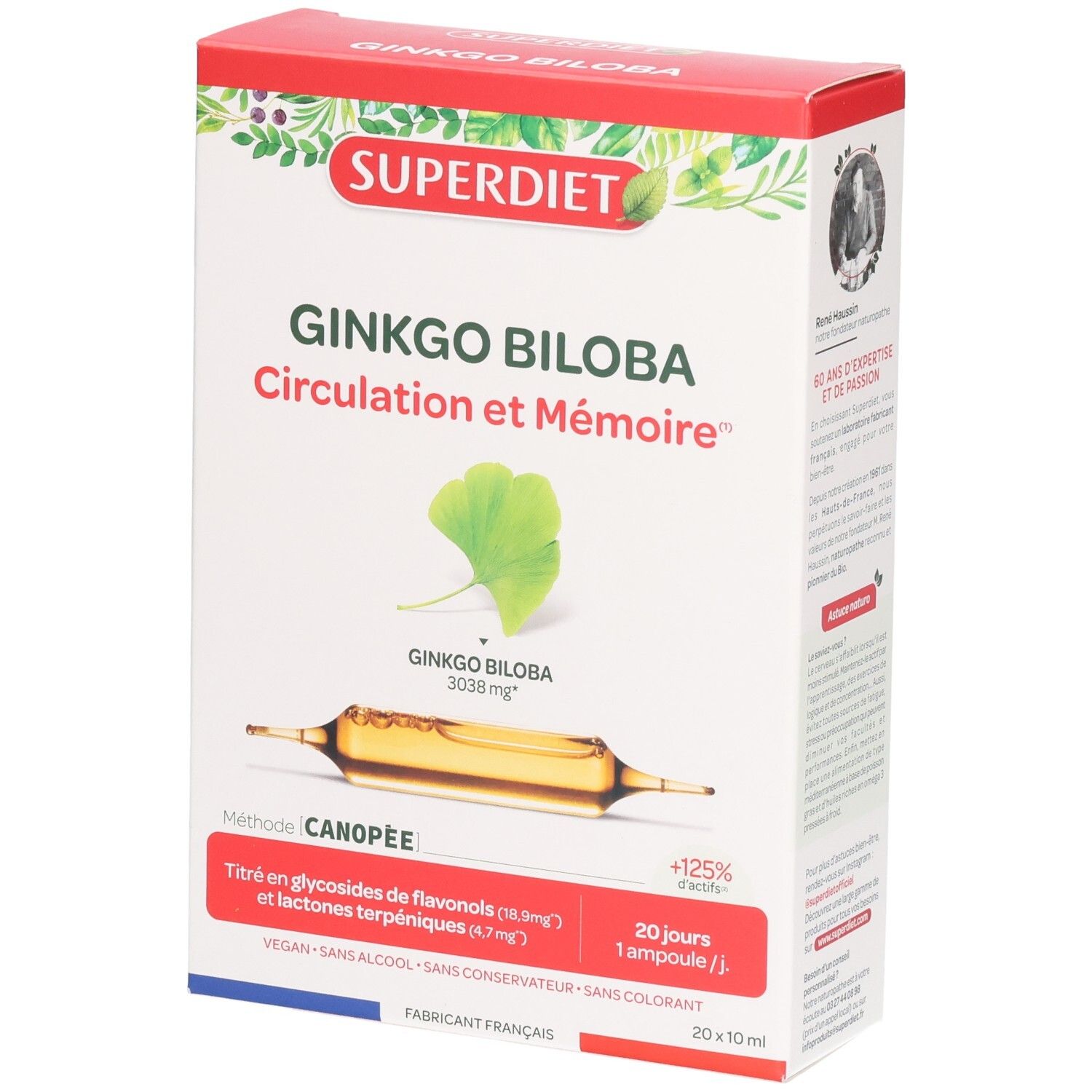 Boîte de SUPERDIET GINKGO BILOBA. Contient 20 ampoules. Inscription : Ginkgo Biloba, Circulation et Mémoire. Illustration d'une ampoule.