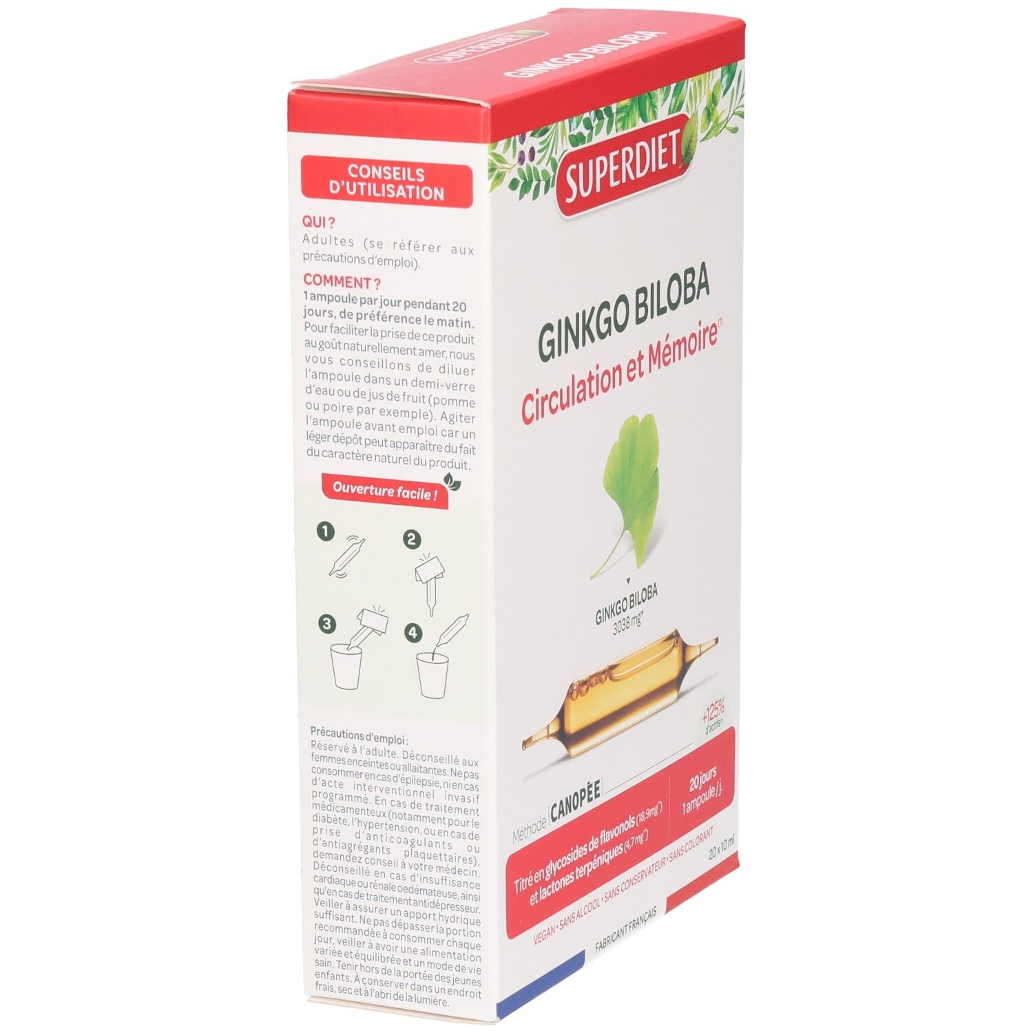 Boîte de SUPERDIET GINKGO BILOBA. Verso avec instructions d'utilisation. Illustrations pour ouvrir l'ampoule.