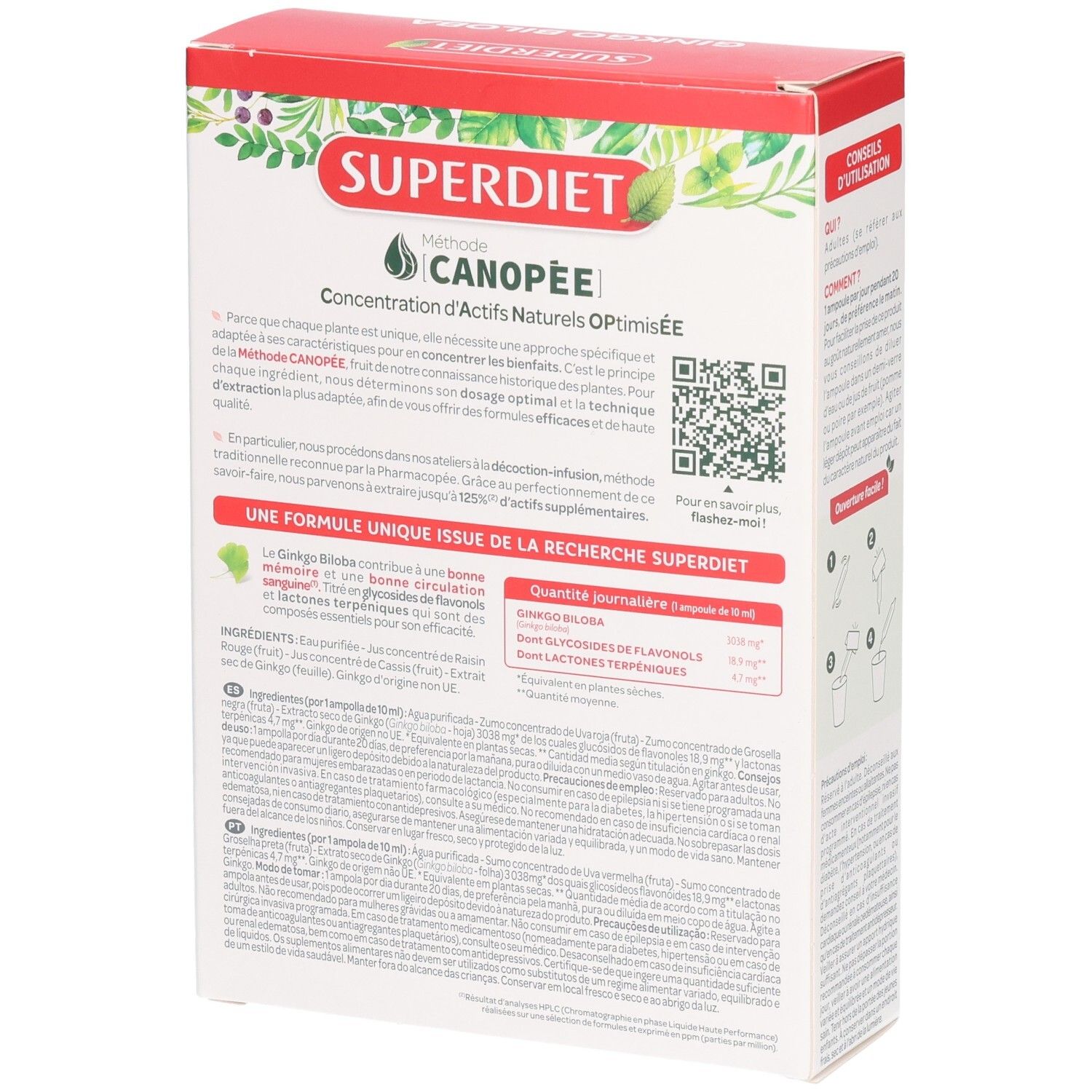 Verso de l'emballage SUPERDIET. Texte sur la méthode CANOPEE et les ingrédients. Code QR et illustrations.