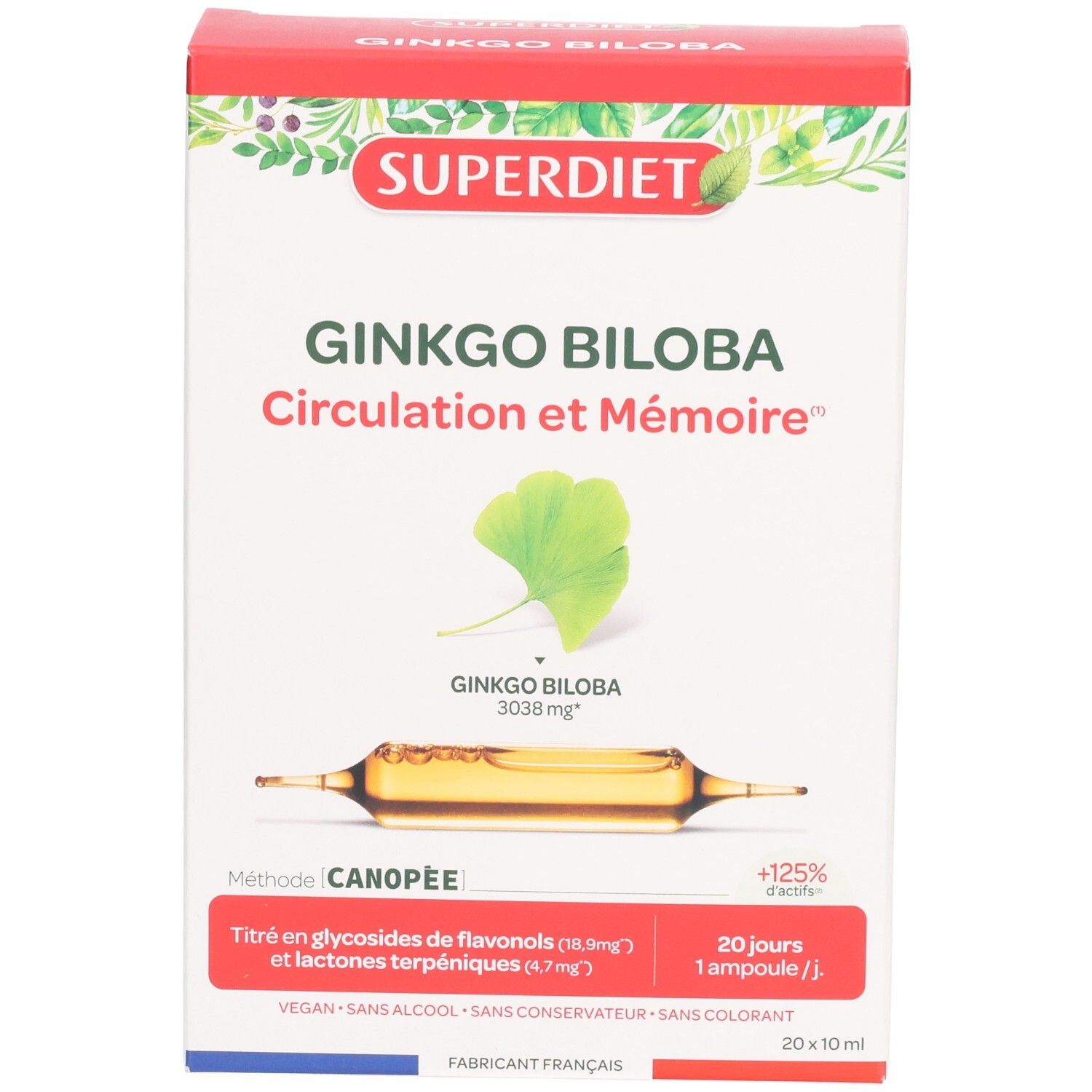 Boîte de SUPERDIET GINKGO BILOBA. Contient 20 ampoules. Inscription : Ginkgo Biloba, Circulation et Mémoire. Illustration d'une ampoule.