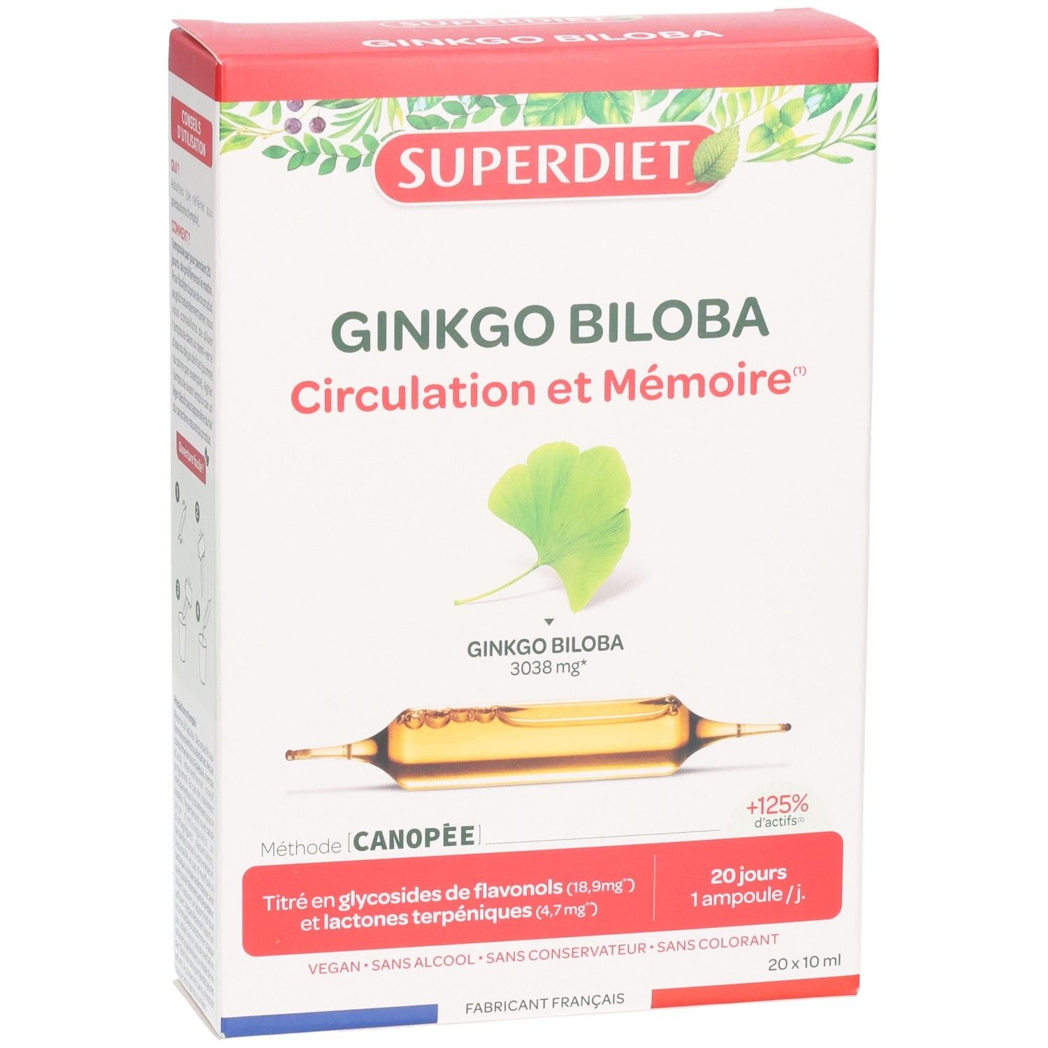 Boîte de SUPERDIET GINKGO BILOBA. Contient 20 ampoules. Inscription : Ginkgo Biloba, Circulation et Mémoire. Illustration d'une ampoule.