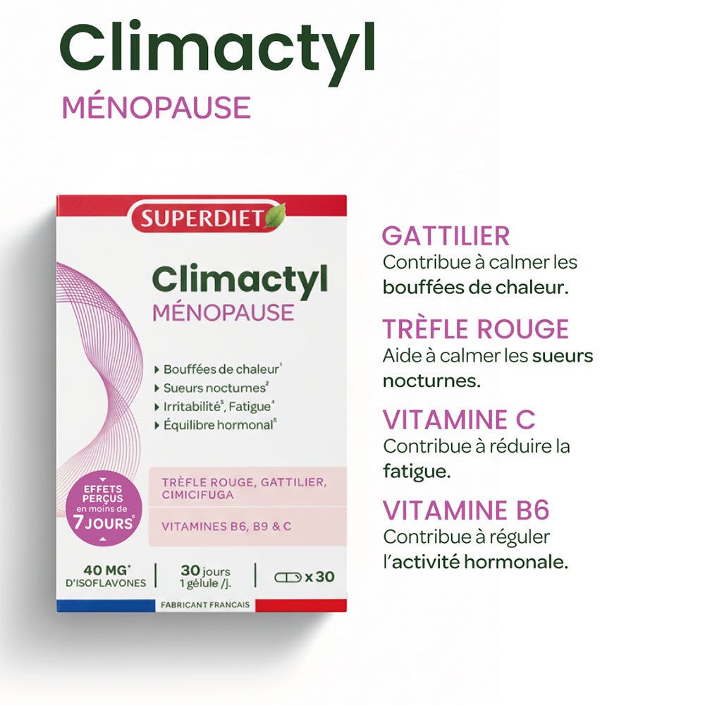 Boîte Superdiet Climactyl Ménopause soulignant le trèfle rouge, gattilier, vitamine C, B6 pour les symptômes de la ménopause.