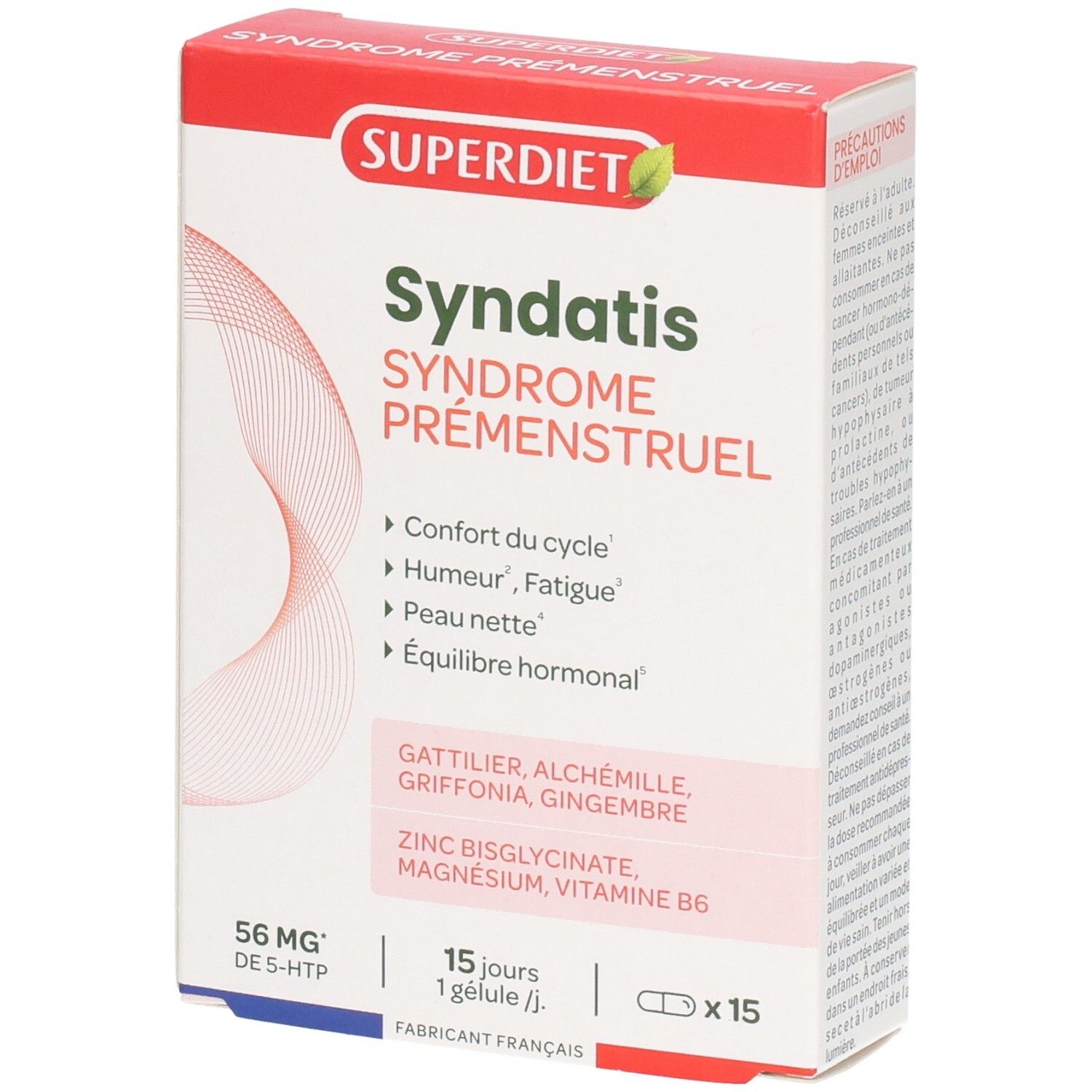Boîte de Syndatis, Syndrome Prémenstruel. Contient 15 gélules. Marque Superdiet. Inscription: 56 mg de 5-HTP.