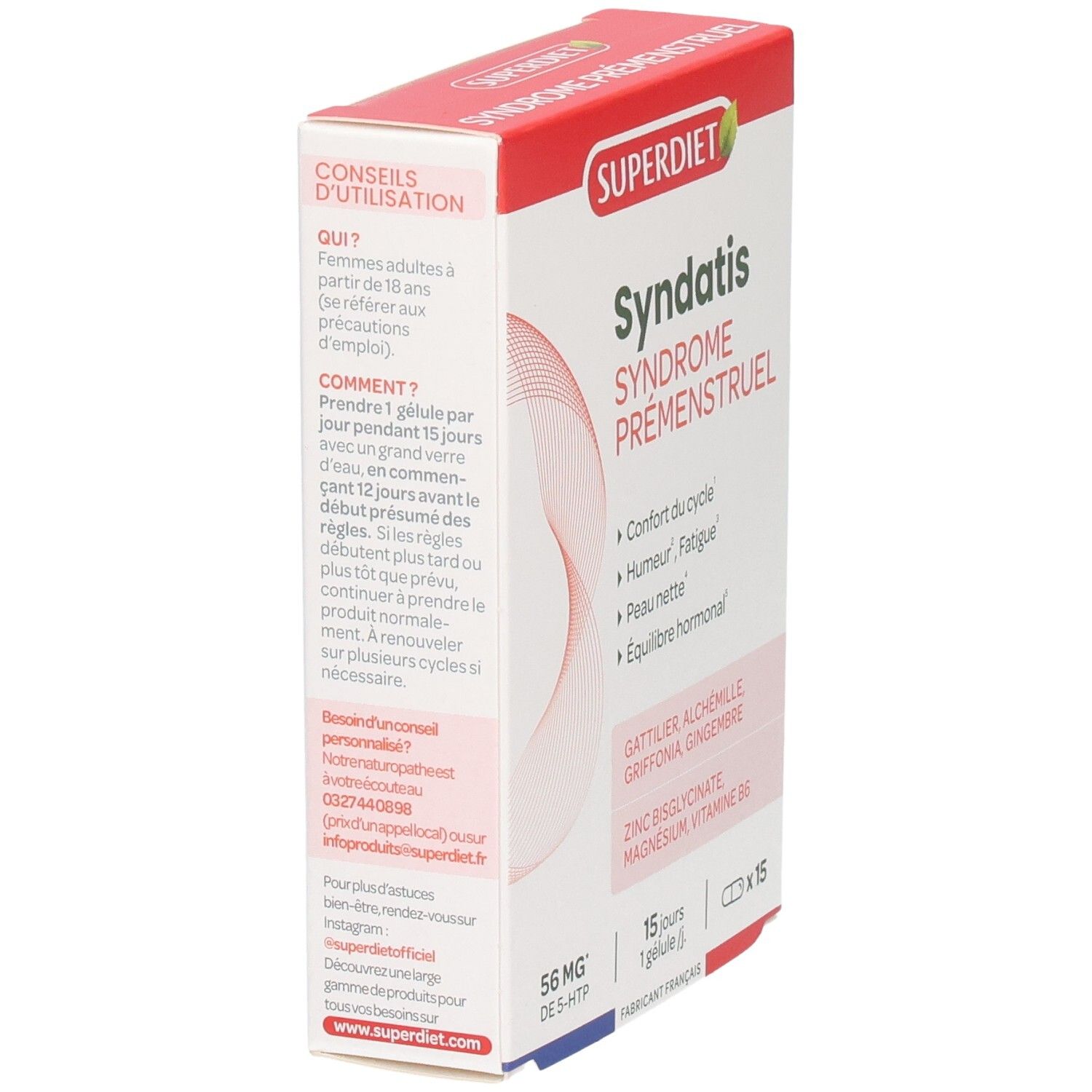 Boîte Syndatis, Syndrome Prémenstruel. Marque Superdiet. Contient 15 gélules. Inscription: 56 mg de 5-HTP. Vue latérale avec texte.