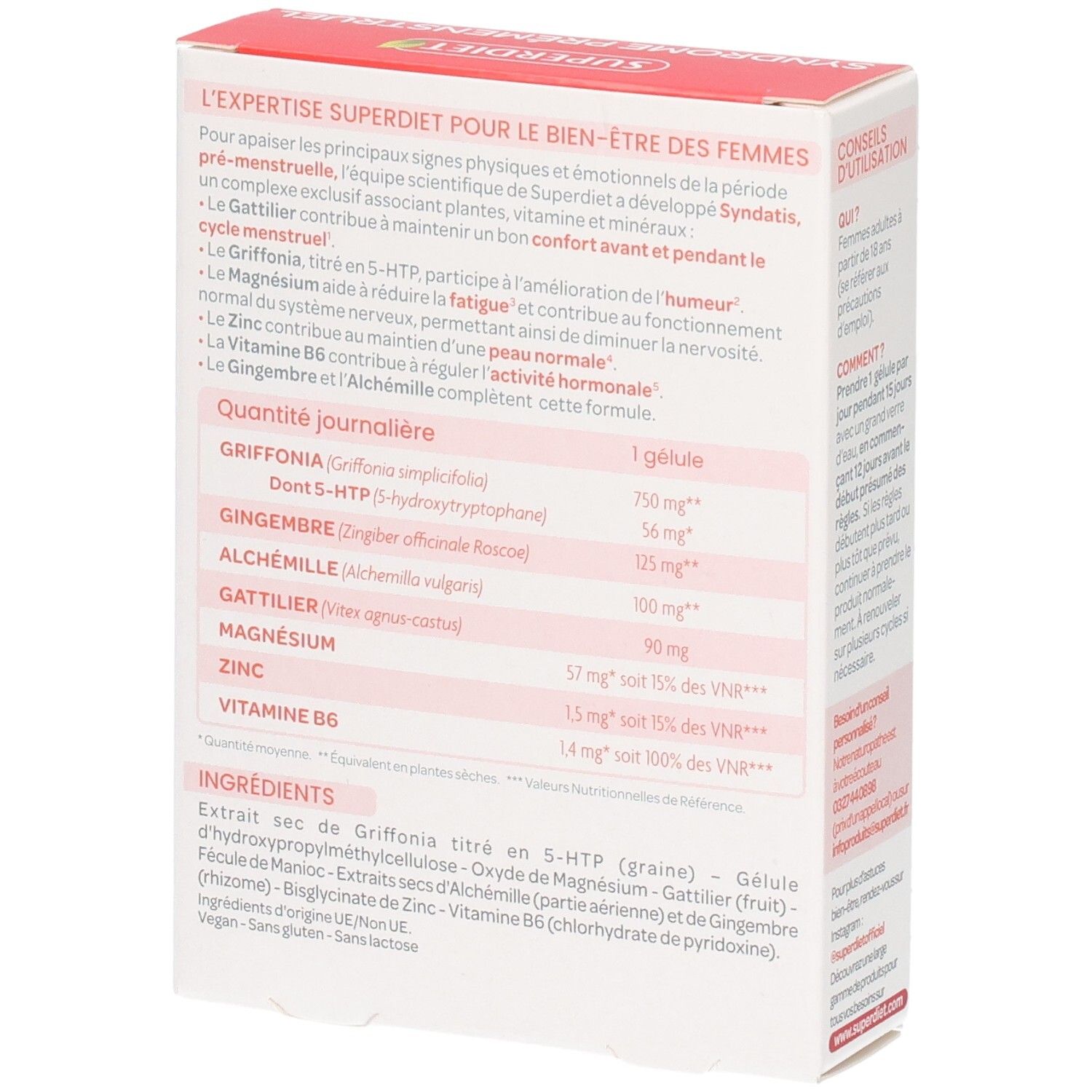 Dos de la boîte Syndatis. Contient des informations sur les ingrédients et le dosage. Marque Superdiet. Texte en français.