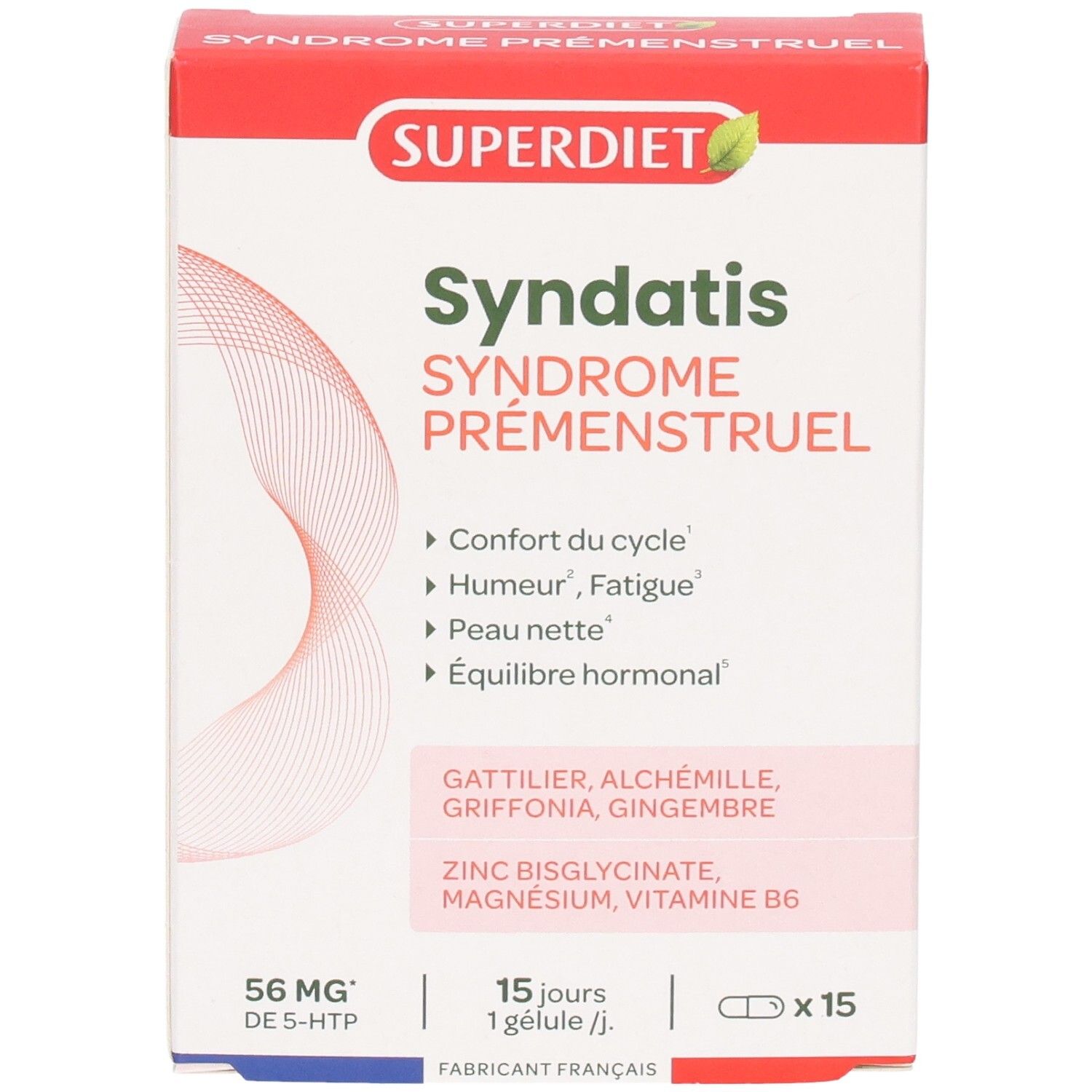 Boîte Syndatis, Syndrome Prémenstruel. Marque Superdiet. Contient 15 gélules. Inscription: 56 mg de 5-HTP. Vue de face.