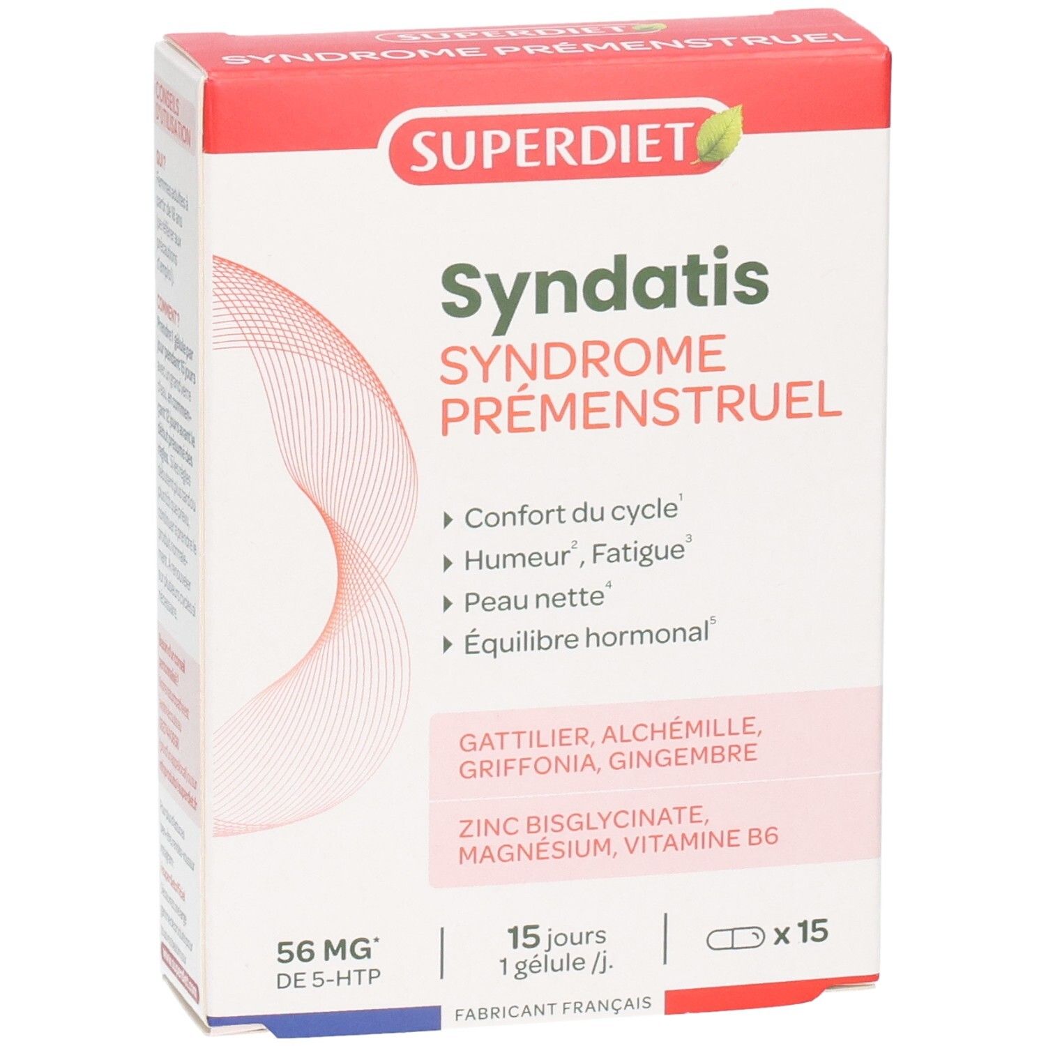 Boîte Syndatis, Syndrome Prémenstruel. Marque Superdiet. Contient 15 gélules. Inscription: 56 mg de 5-HTP. Vue de face.