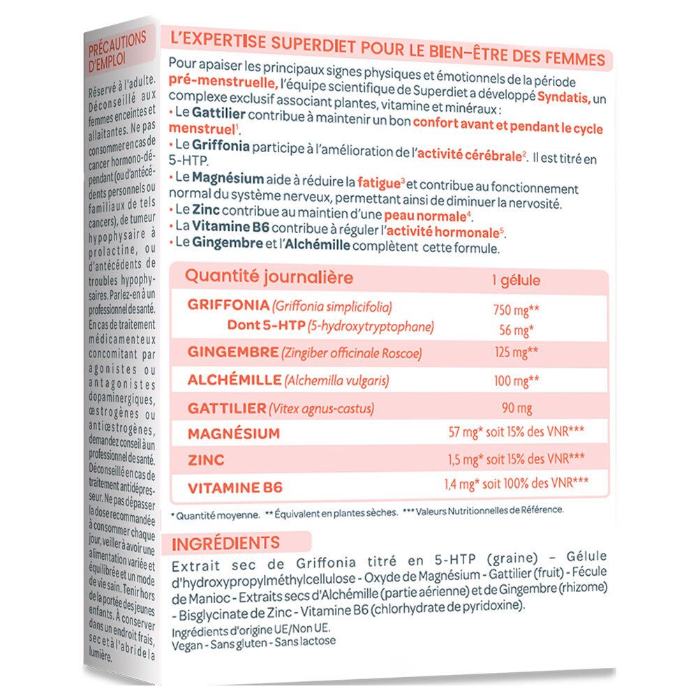 Dos de la boîte Superdiet Syndatis avec ingrédients et dosage.