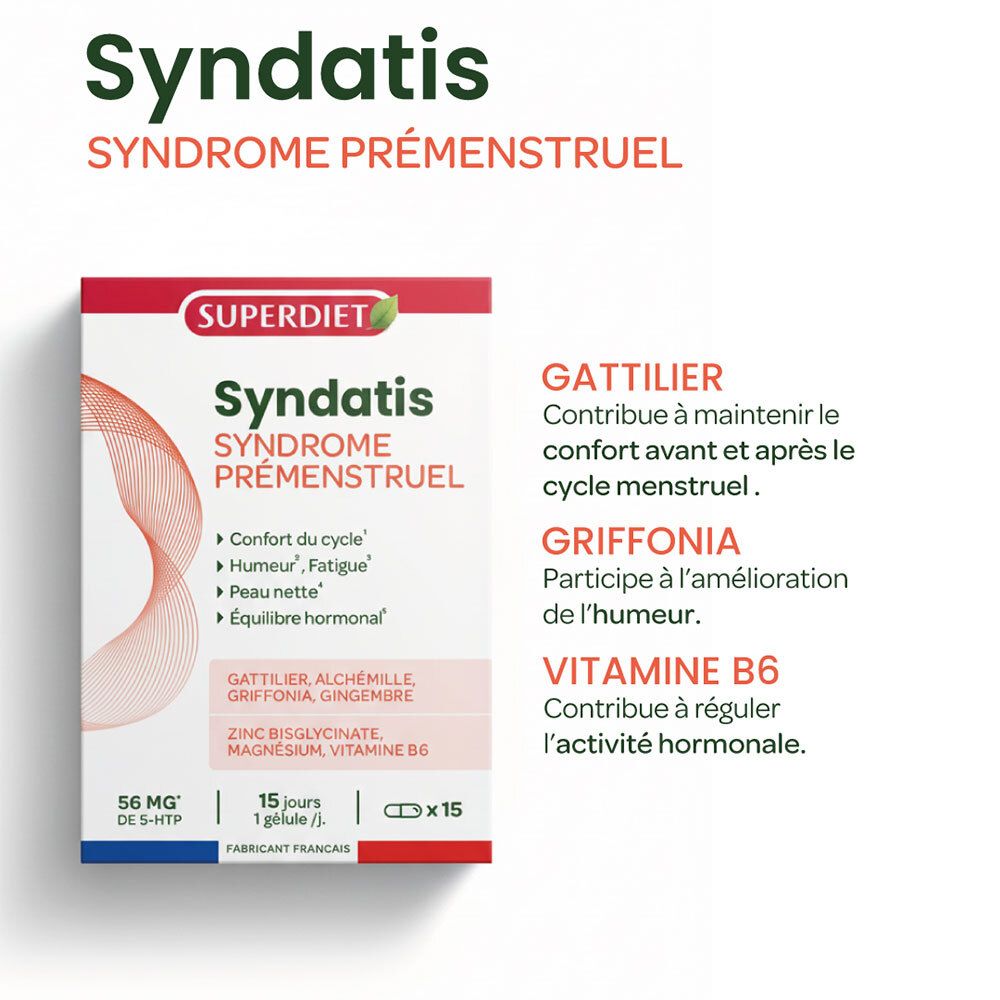 Boîte Superdiet Syndatis et liste des bénéfices pour le syndrome prémenstruel.