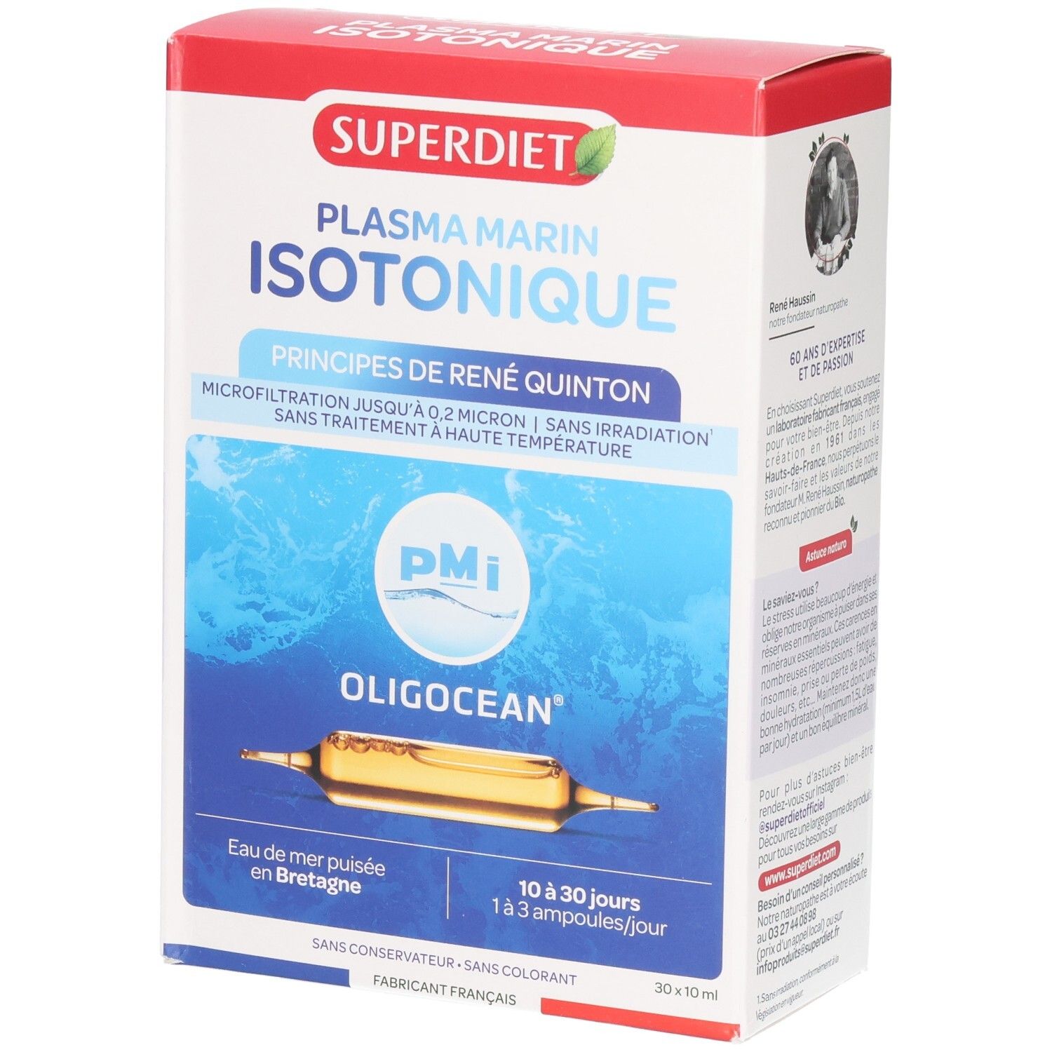 Boîte de Superdiet Oligocean Plasma Marin Isotonique. Emballage rouge et blanc avec informations et ampoule.
