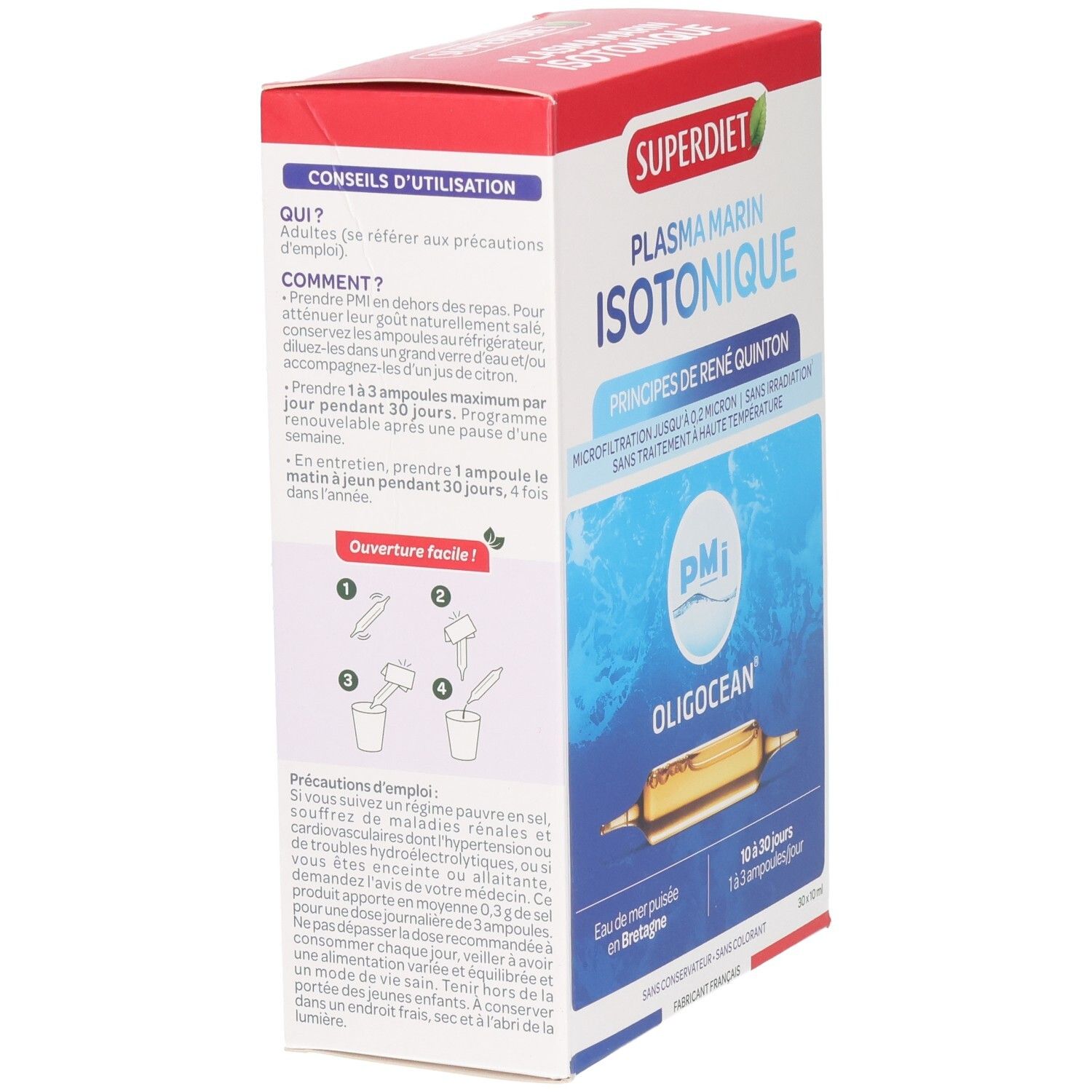 Dos de la boîte Superdiet Oligocean Plasma Marin Isotonique. Contient des instructions et des informations.