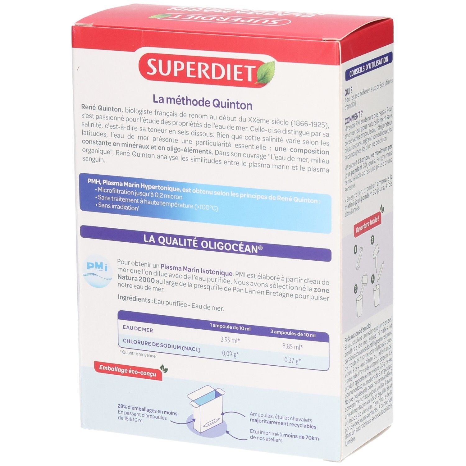 Dos de la boîte Superdiet Oligocean Plasma Marin Isotonique. Contient ingrédients et informations.