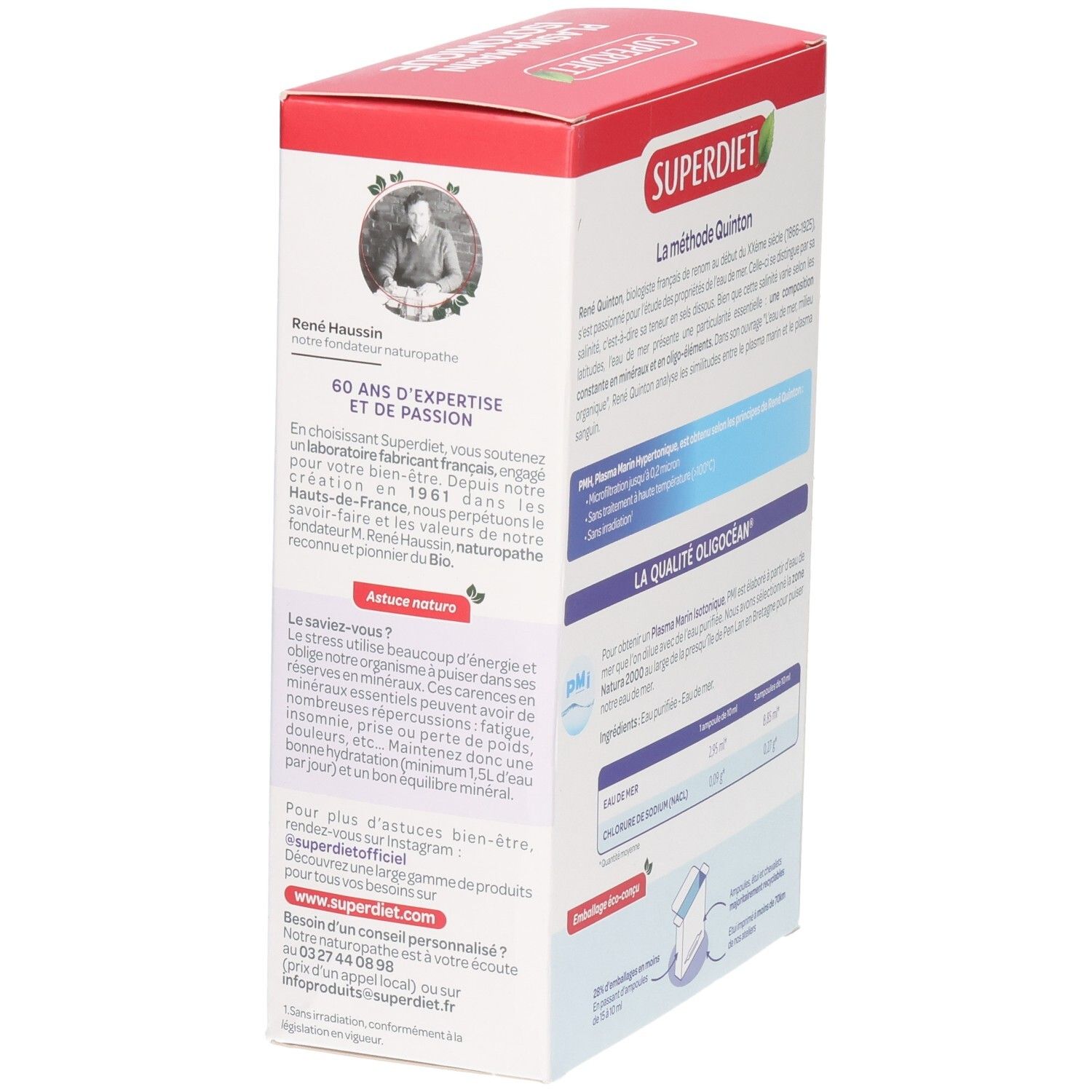 Côté de la boîte Superdiet Oligocean Plasma Marin Isotonique. Contient des informations et un logo.