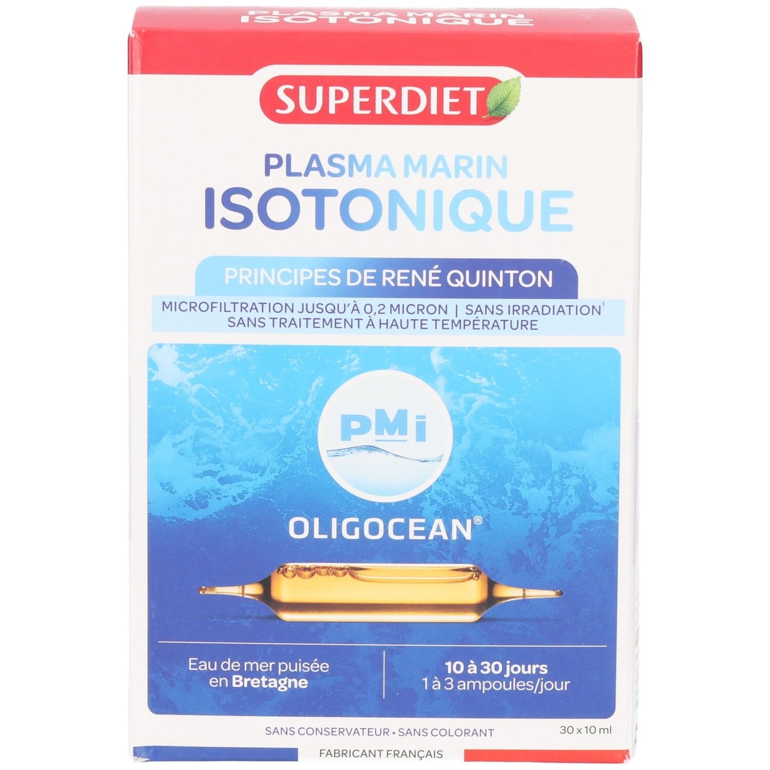 Face avant de la boîte Superdiet Oligocean Plasma Marin Isotonique. Affiche le nom du produit et l'ampoule.