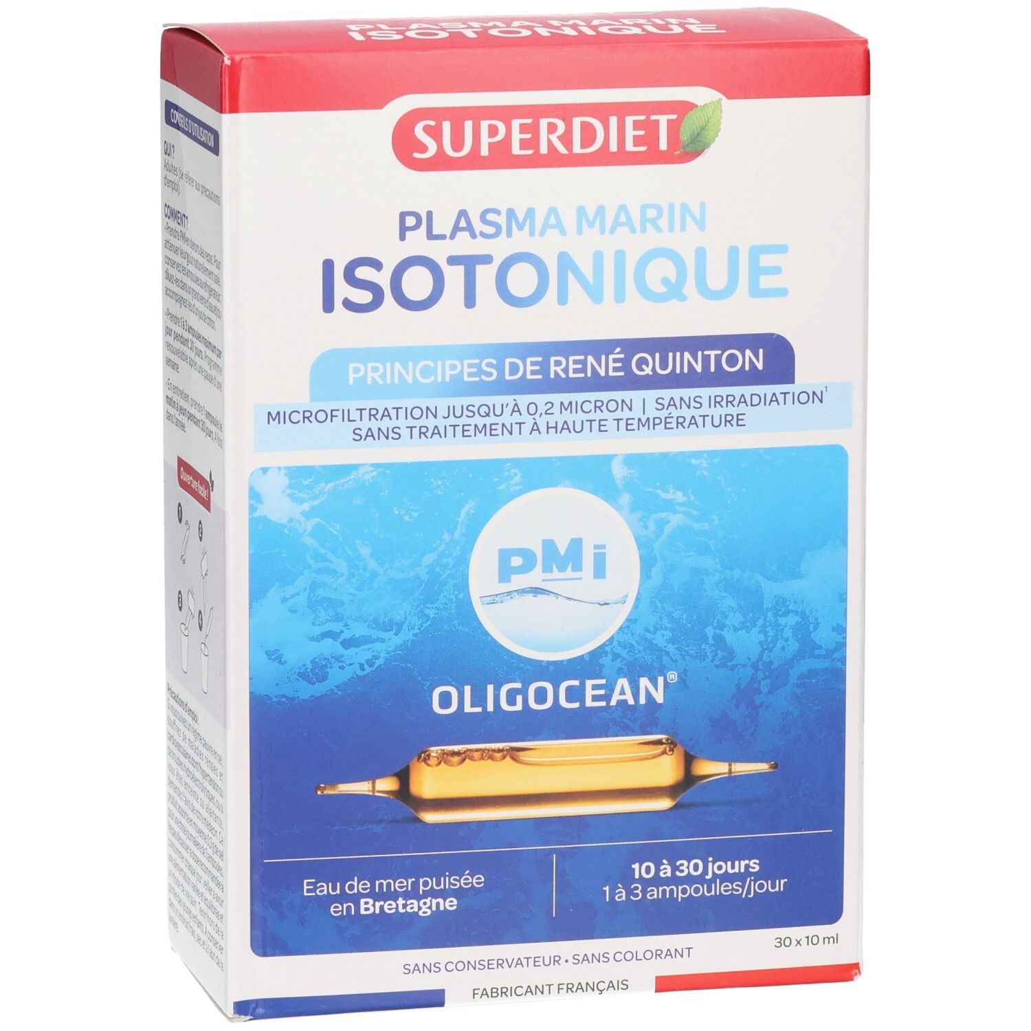Face avant de la boîte Superdiet Oligocean Plasma Marin Isotonique. Affiche le nom du produit et l'ampoule.