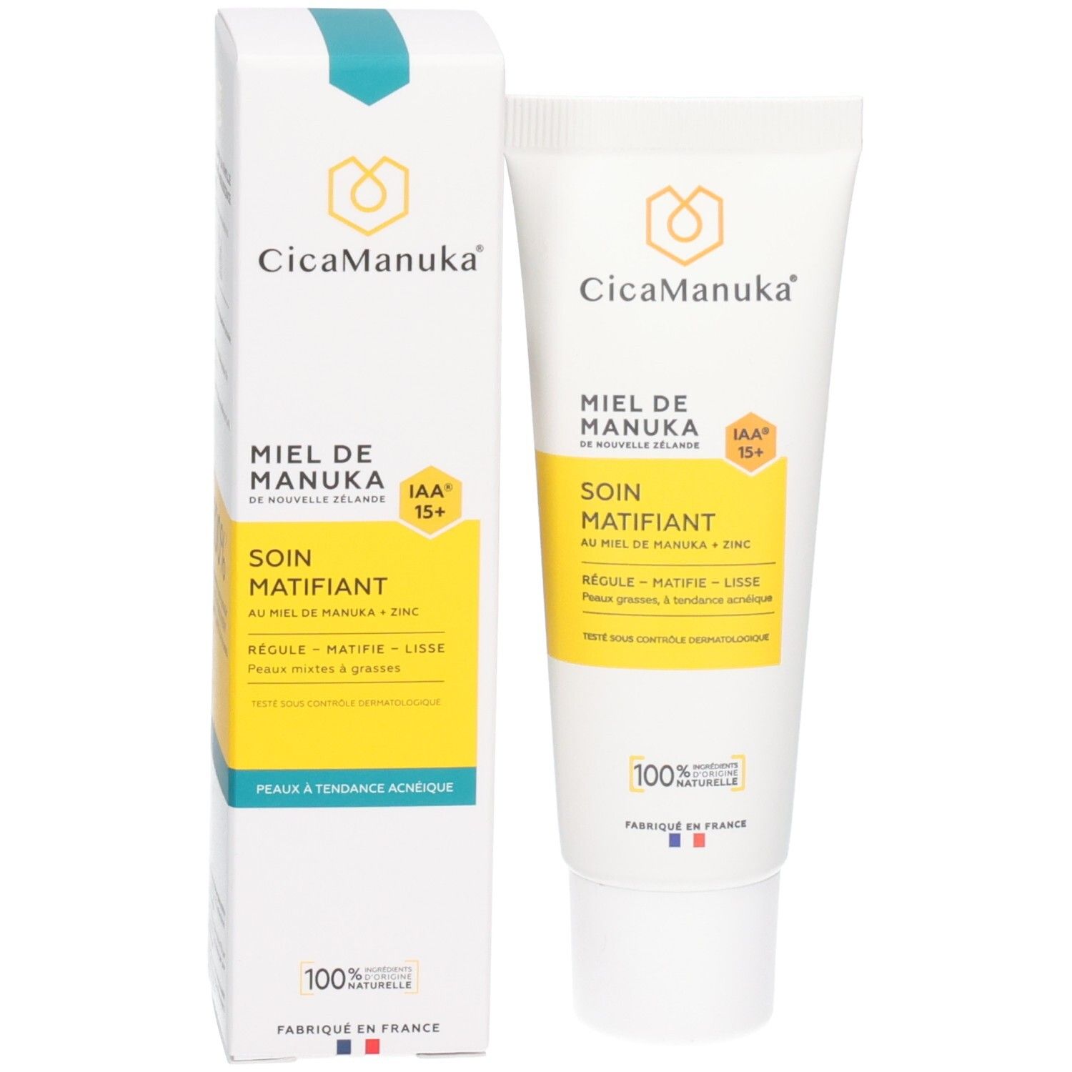 Produit et emballage. Tube et boîte blancs. Inscription: CicaManuka, Miel de Manuka, IAA 15+, Soin Matifiant.