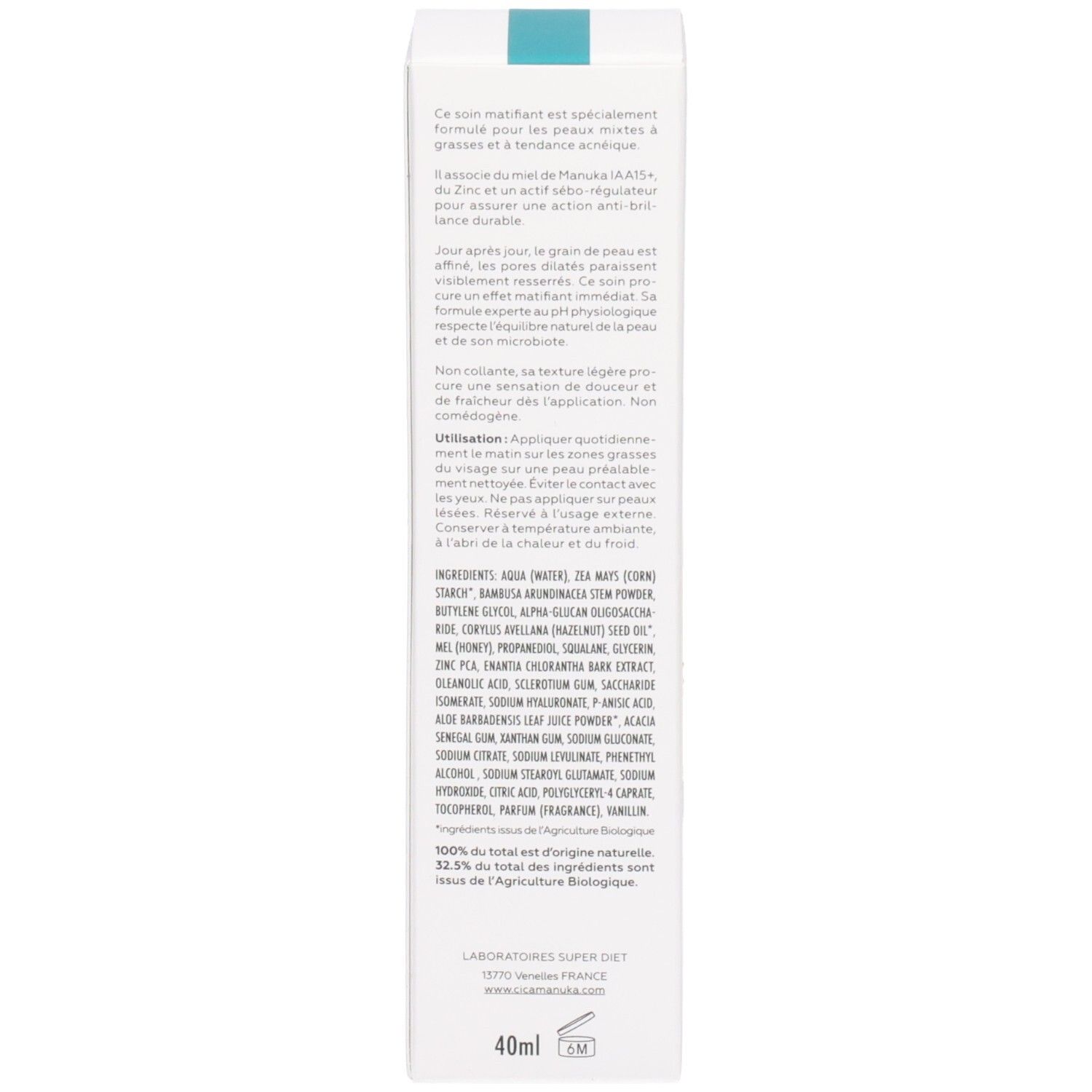 Côté de la boîte. Texte sur l'utilisation et les ingrédients. Volume: 40ml. Éco-label.