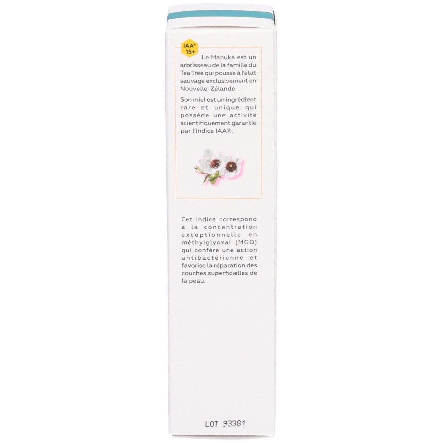 Côté de la boîte. Texte sur le miel de Manuka. Indice IAA 15+. Numéro de lot.