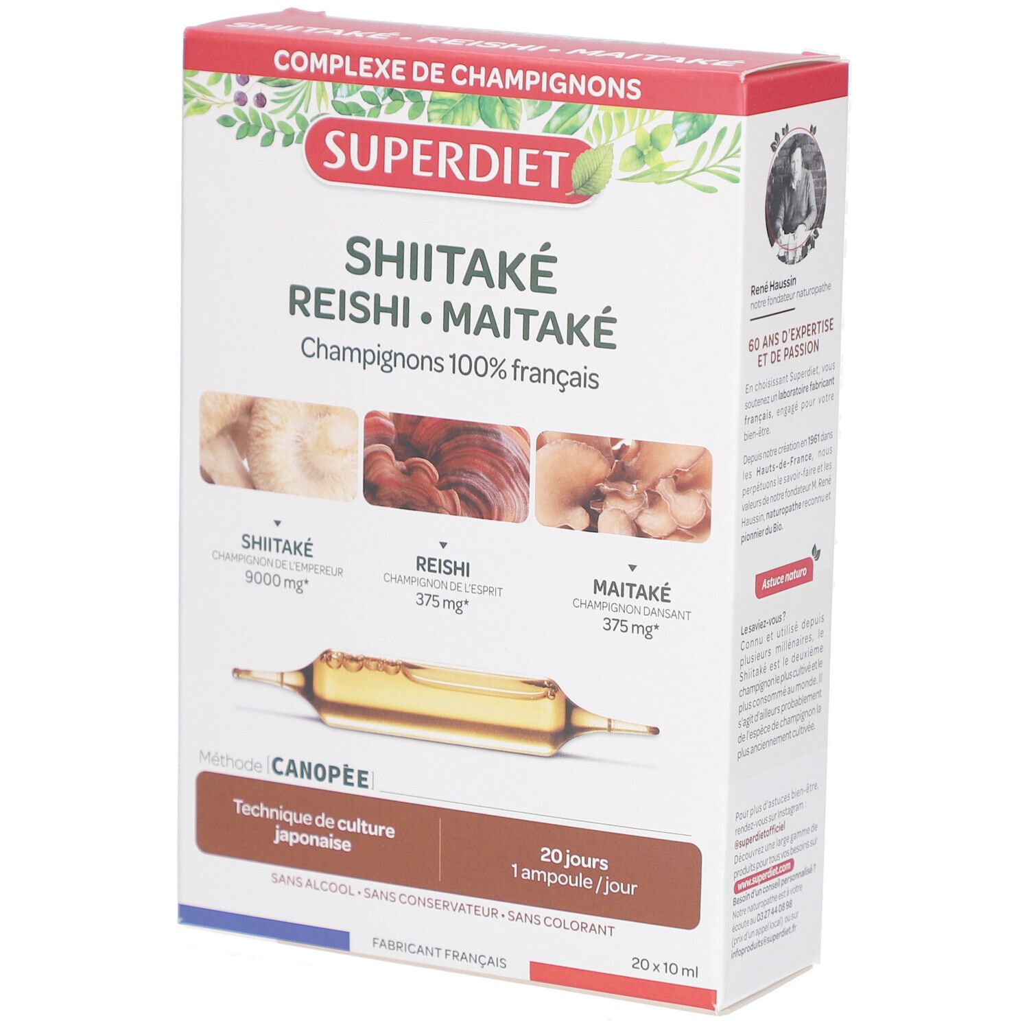 Boîte de Shiitaké Reishi Maitaké ampoules. Nom du produit et illustrations de champignons. 20 ampoules, 10 ml.