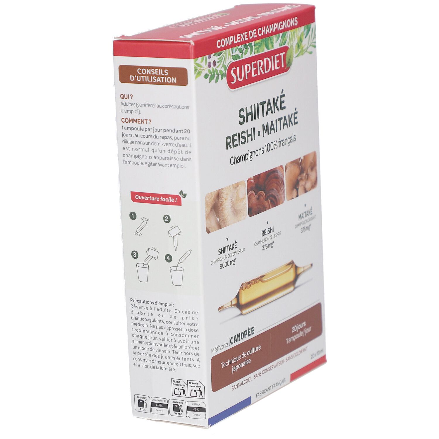 Boîte de Shiitaké Reishi Maitaké ampoules. Nom du produit et illustrations de champignons. Vue de côté.