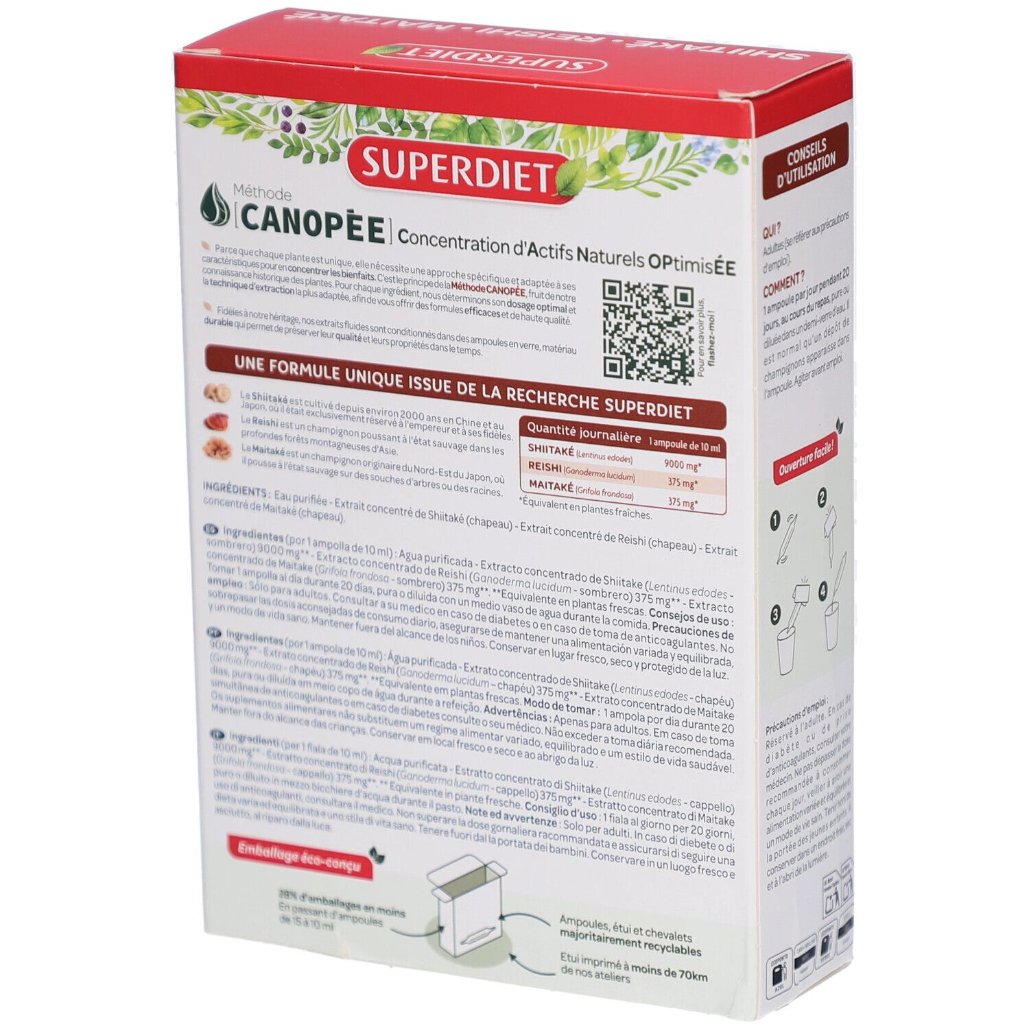Dos de la boîte de Shiitaké Reishi Maitaké ampoules. Liste des ingrédients et code QR.