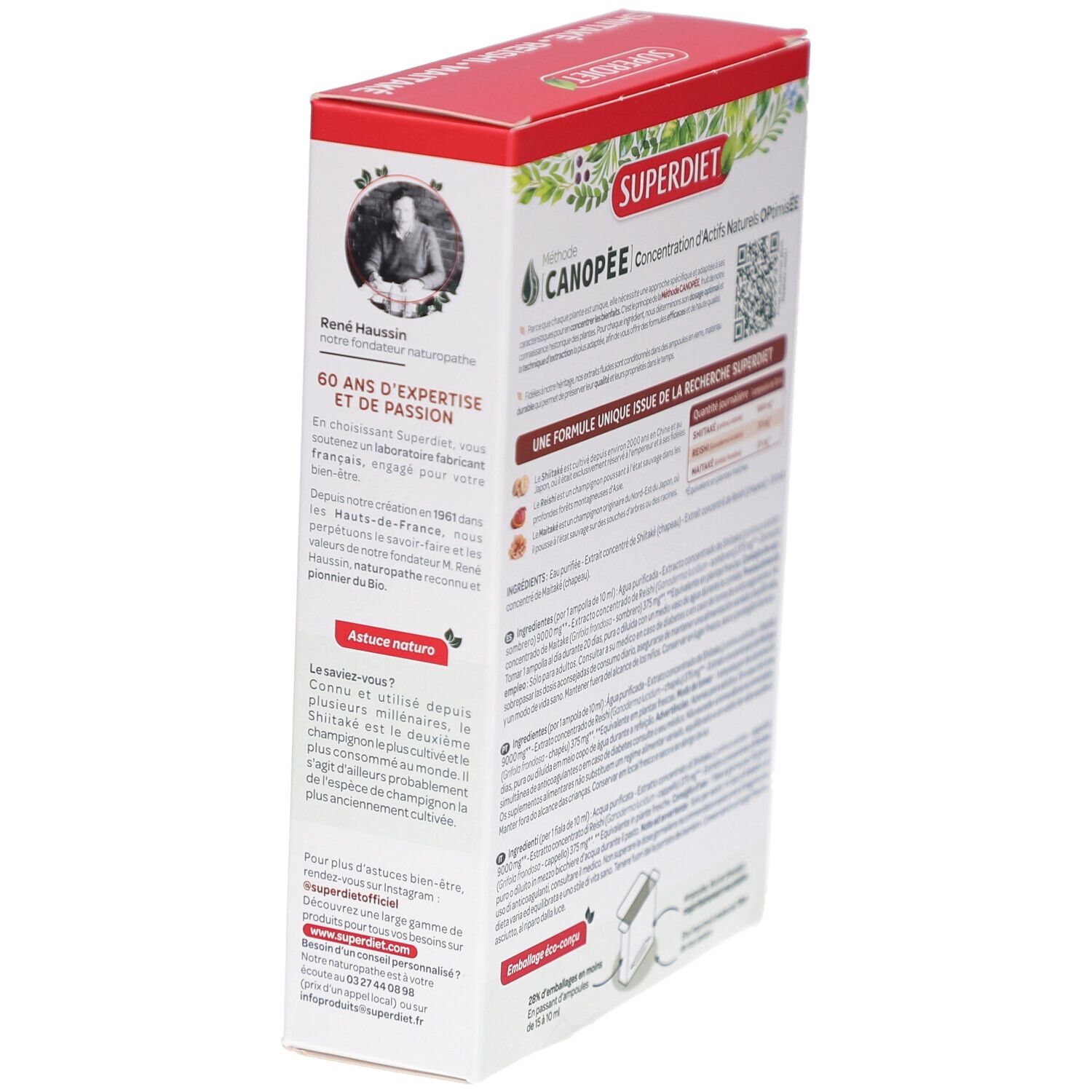 Côté de la boîte de Shiitaké Reishi Maitaké ampoules. Informations et code QR.