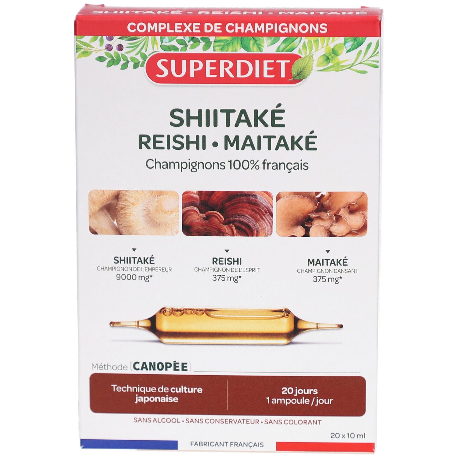 Boîte de Shiitaké Reishi Maitaké ampoules. Nom du produit et illustrations de champignons. 20 ampoules, 10 ml.